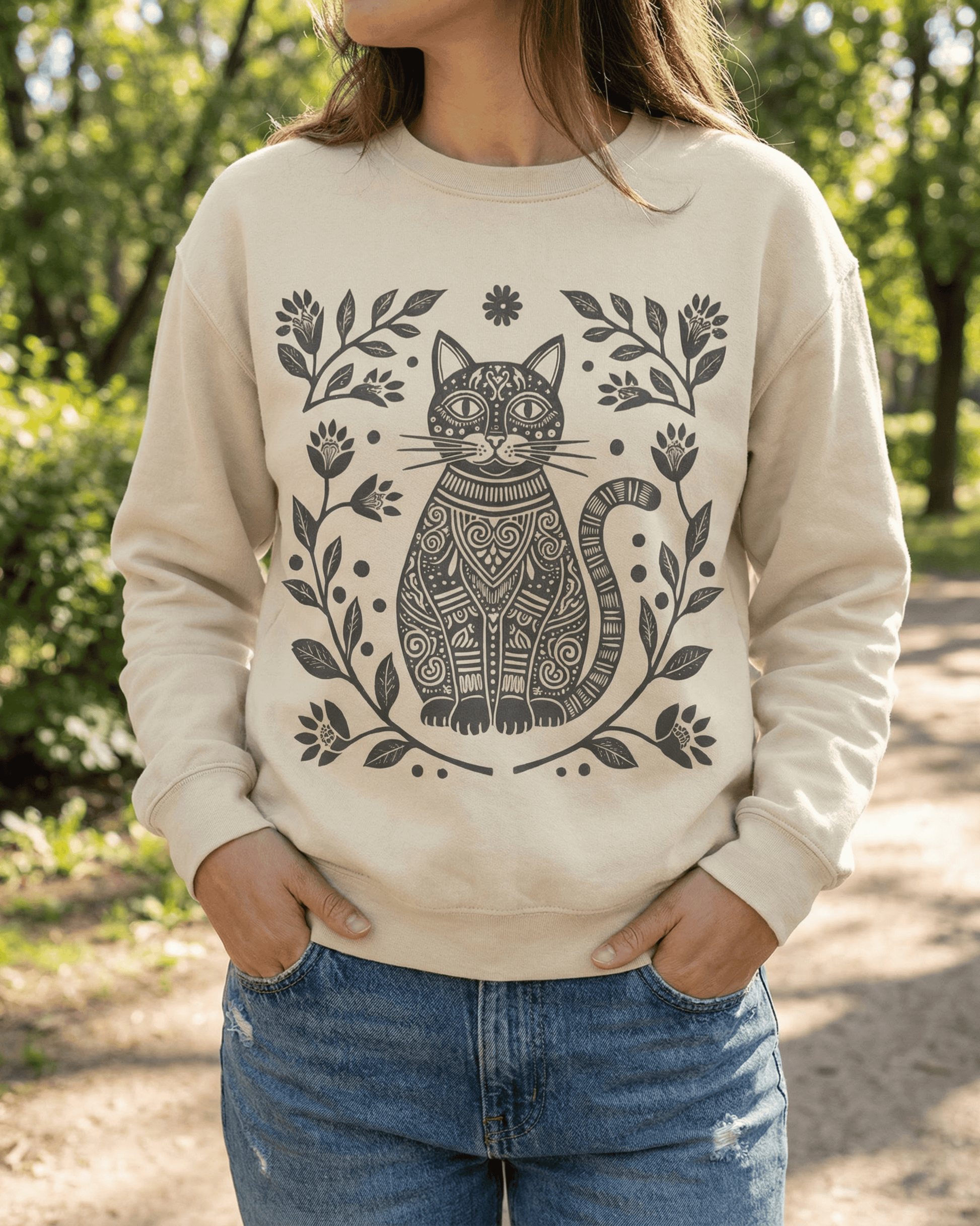 Boho Floral Cat Sweatshirt - Folk Art Wildflower Nature Lover Crewneck Pullover
