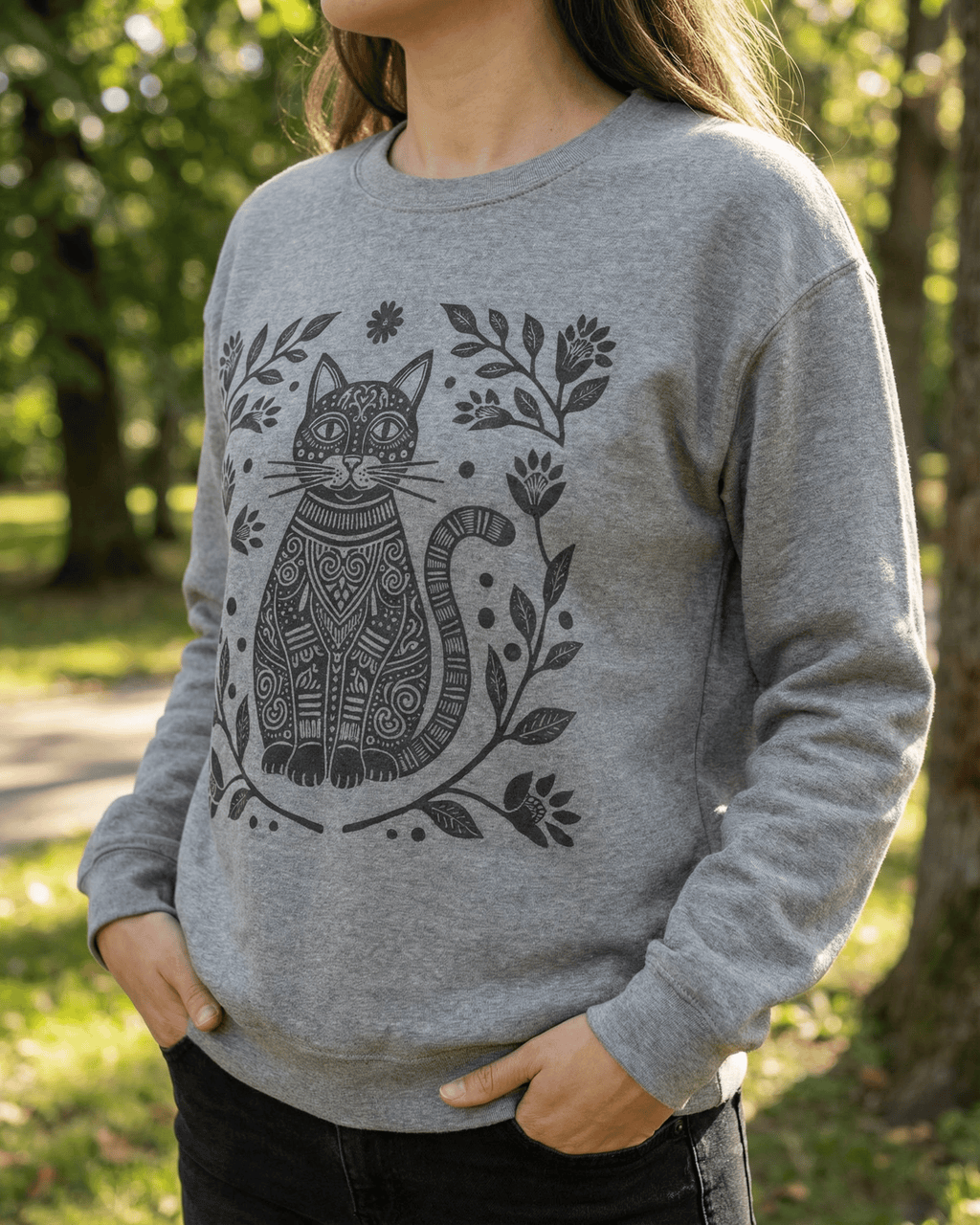 Boho Floral Cat Sweatshirt - Folk Art Wildflower Nature Lover Crewneck Pullover