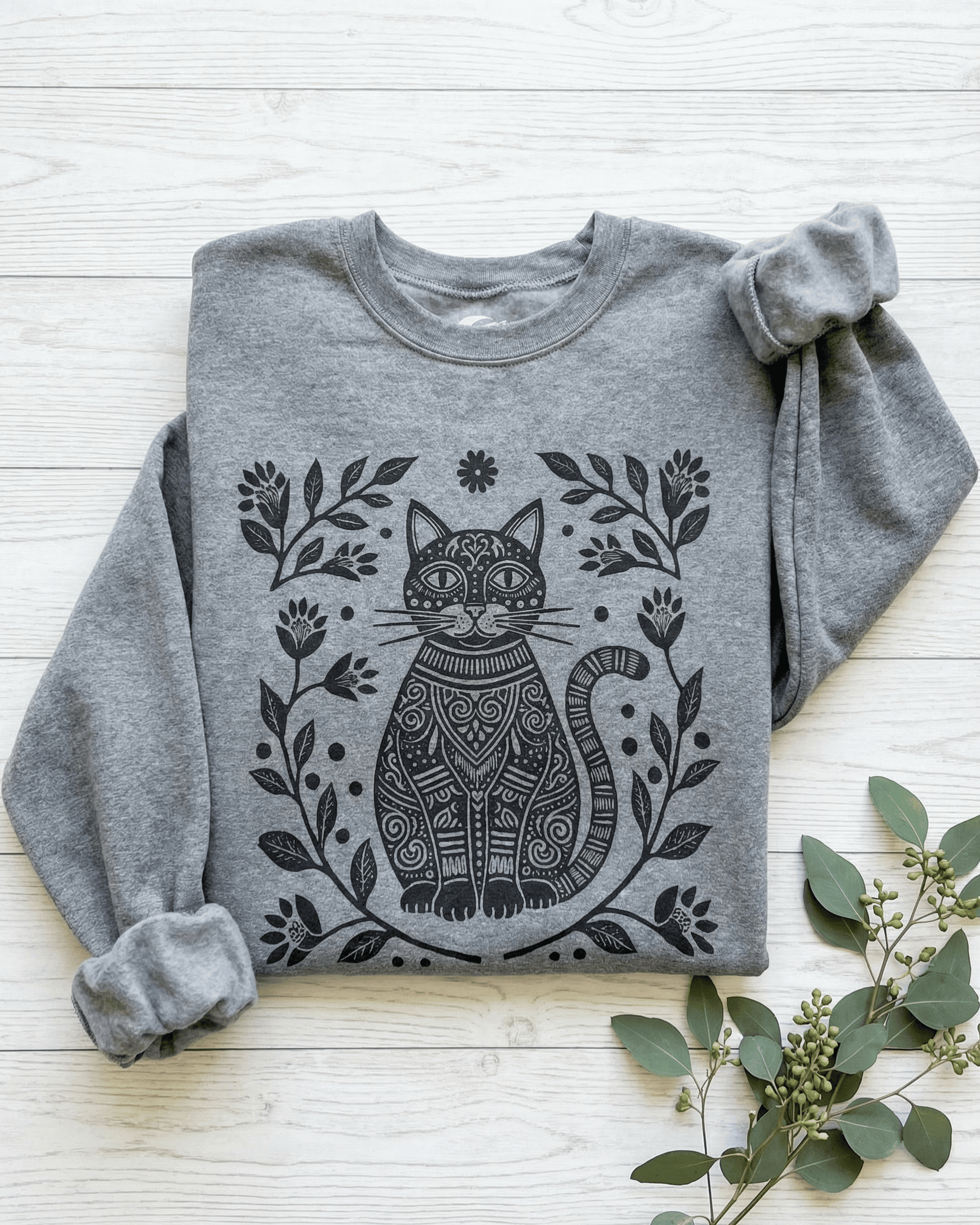 Boho Floral Cat Sweatshirt - Folk Art Wildflower Nature Lover Crewneck Pullover