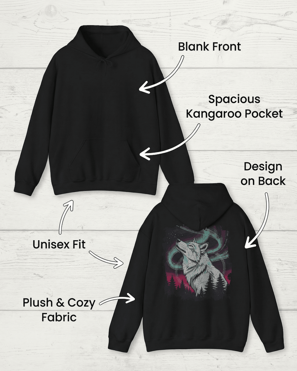 Howling Wolf Free Spirit Hoodie - Aurora Northern Lights Hooded Sweatshirt