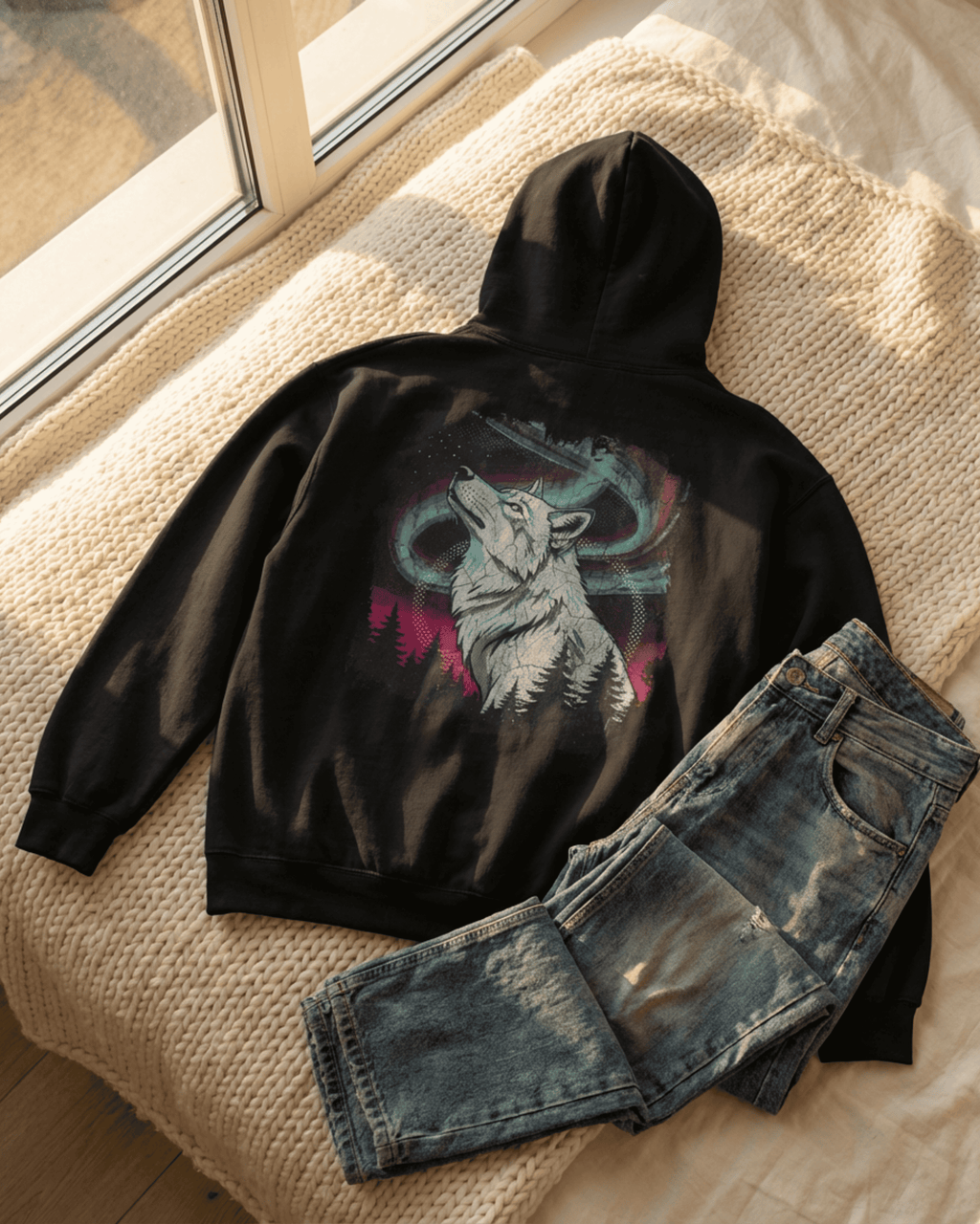 Howling Wolf Free Spirit Hoodie - Aurora Northern Lights Hooded Sweatshirt