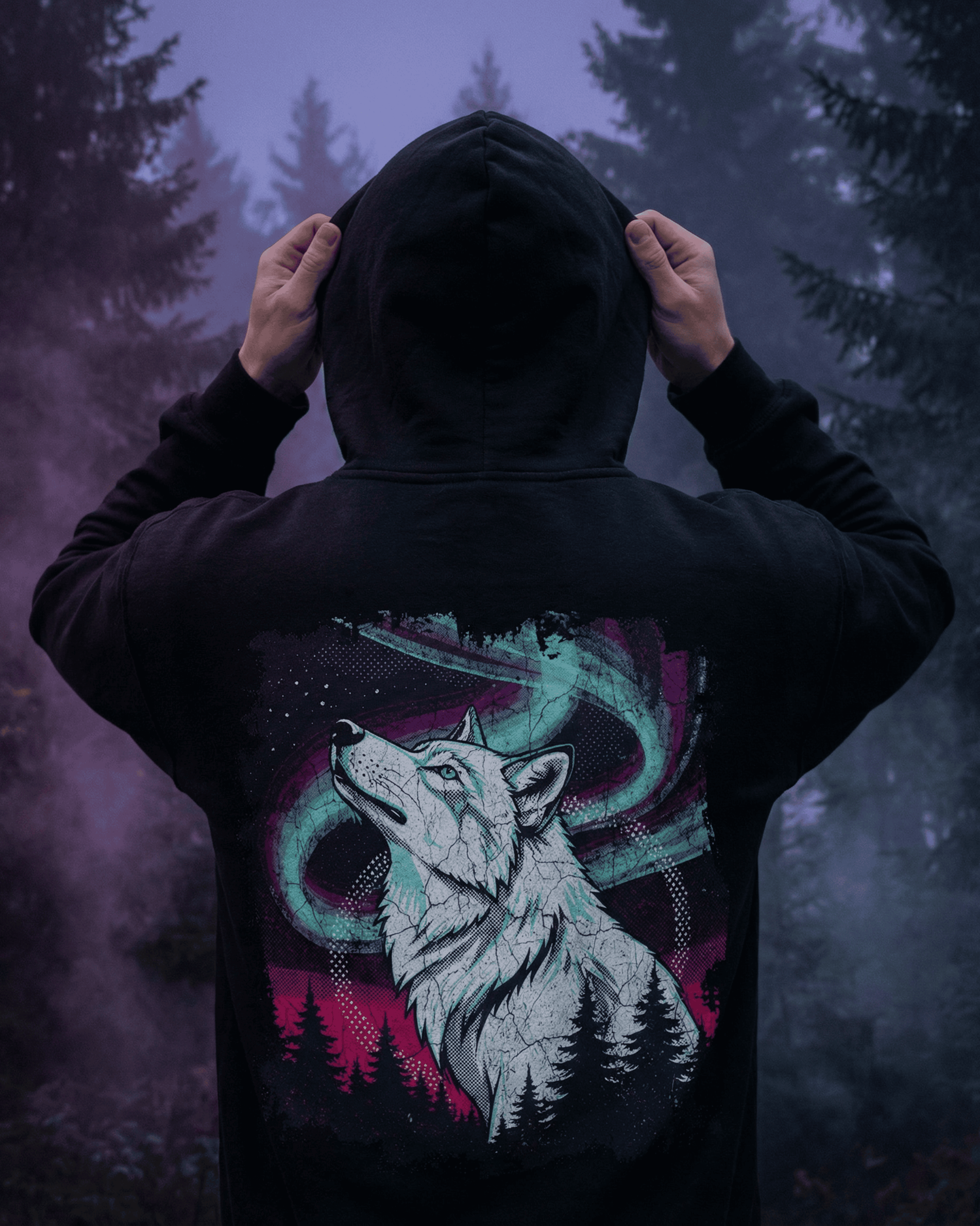 Howling Wolf Free Spirit Hoodie - Aurora Northern Lights Hooded Sweatshirt