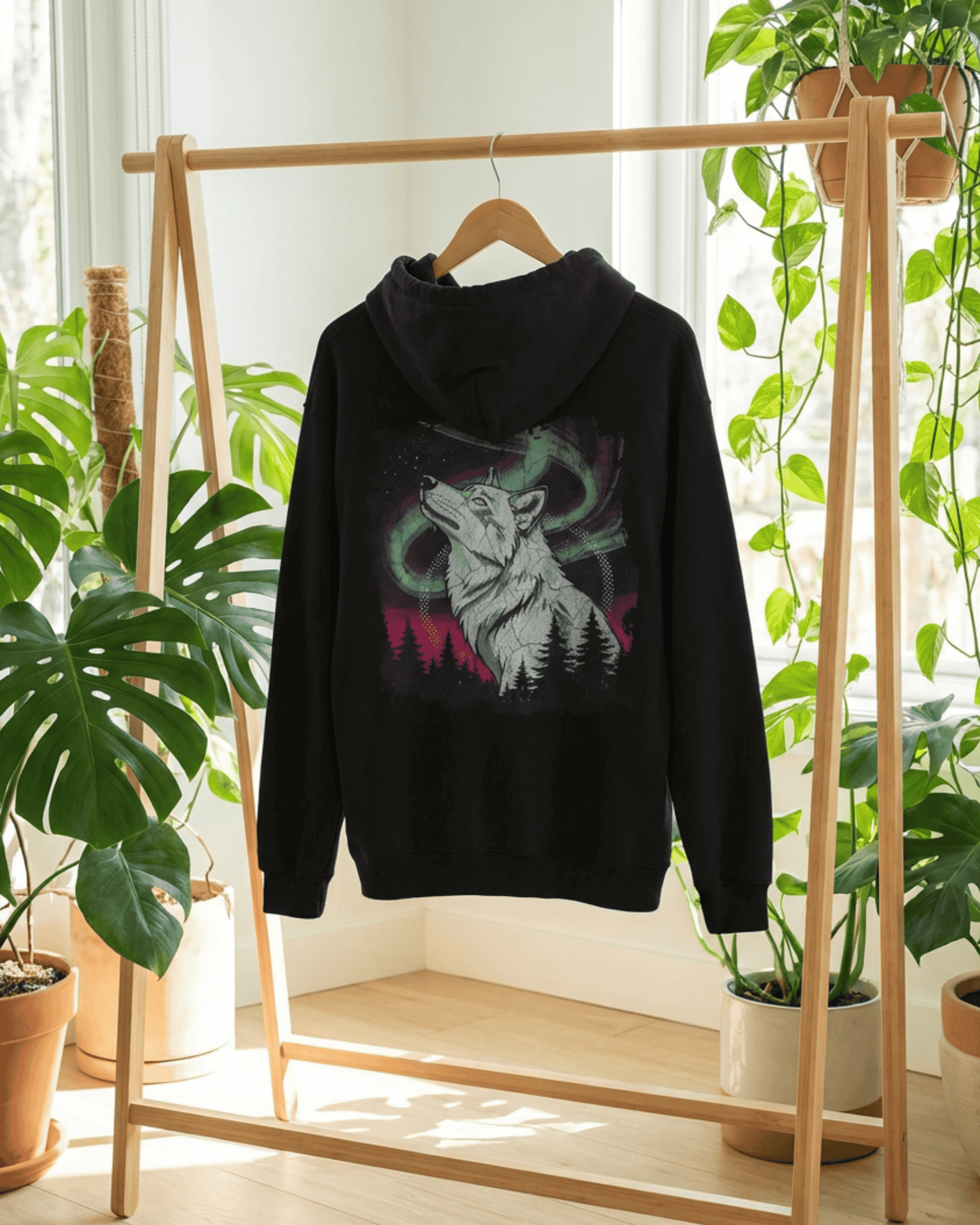 Howling Wolf Free Spirit Hoodie - Aurora Northern Lights Hooded Sweatshirt