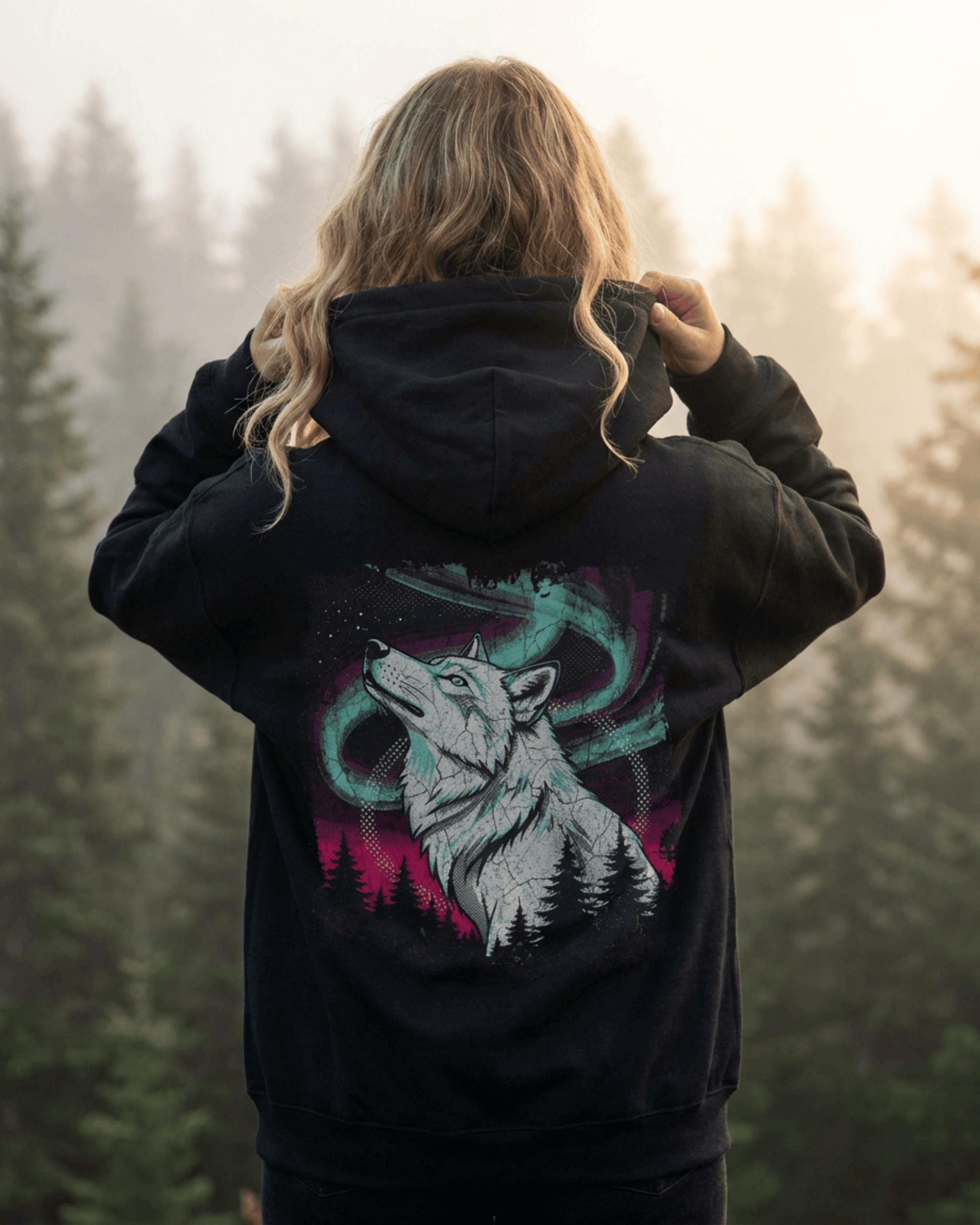 Howling Wolf Free Spirit Hoodie - Aurora Northern Lights Hooded Sweatshirt