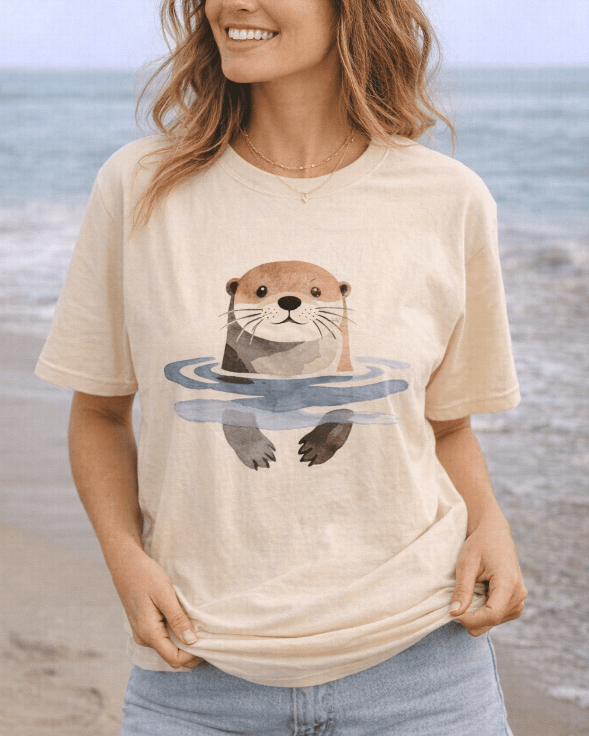 Sea Otter Watercolor T-Shirt - Cute Beach Ocean Lover Graphic Tee