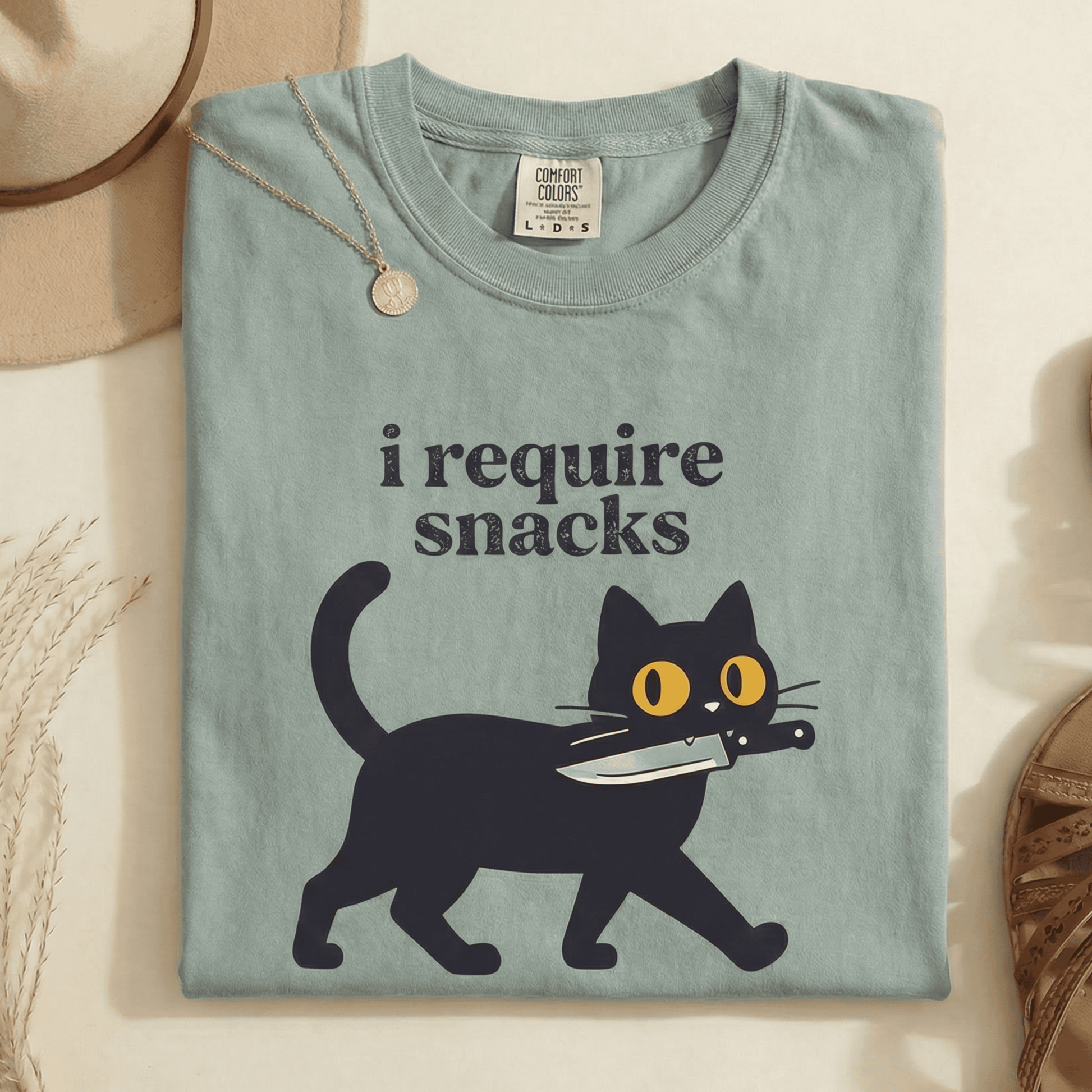 Comfort Colors Funny Black Cat T-Shirt - I Require Snacks Graphic Tee