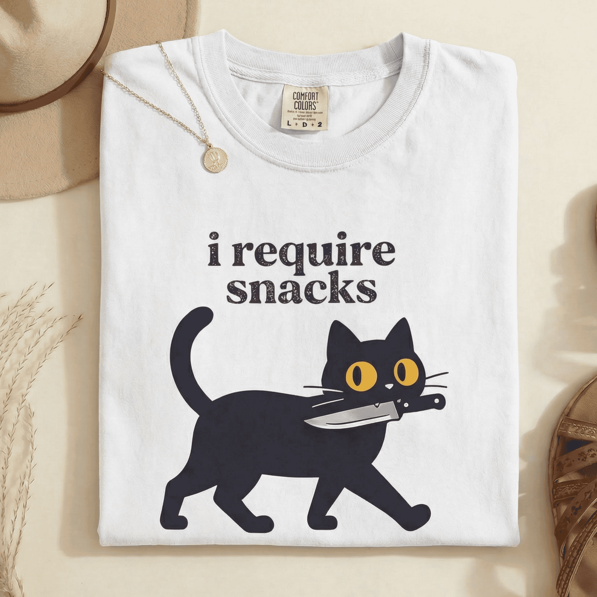 Comfort Colors Funny Black Cat T-Shirt - I Require Snacks Graphic Tee