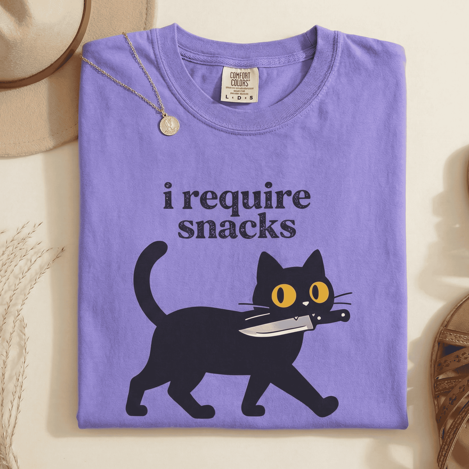 Comfort Colors Funny Black Cat T-Shirt - I Require Snacks Graphic Tee