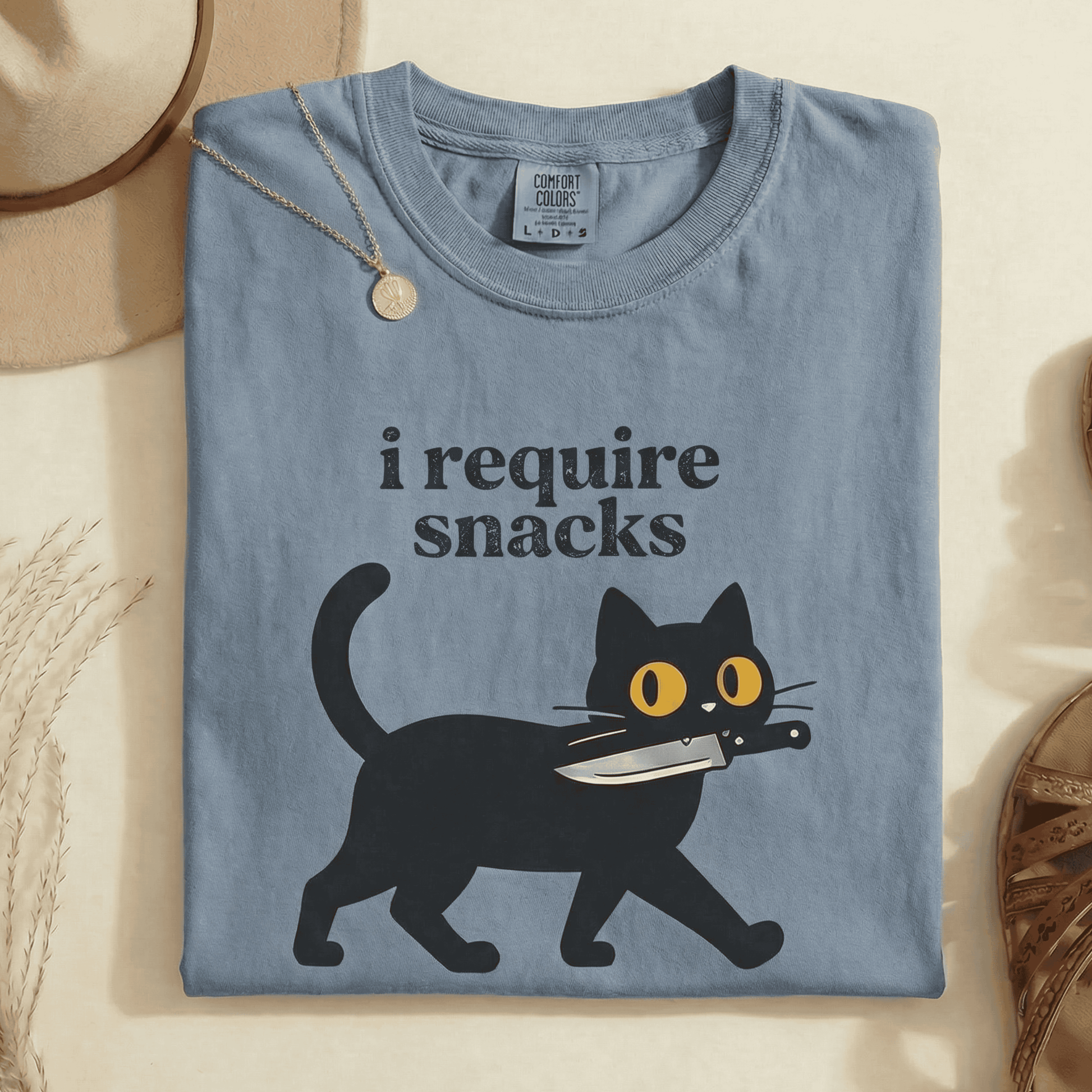 Comfort Colors Funny Black Cat T-Shirt - I Require Snacks Graphic Tee