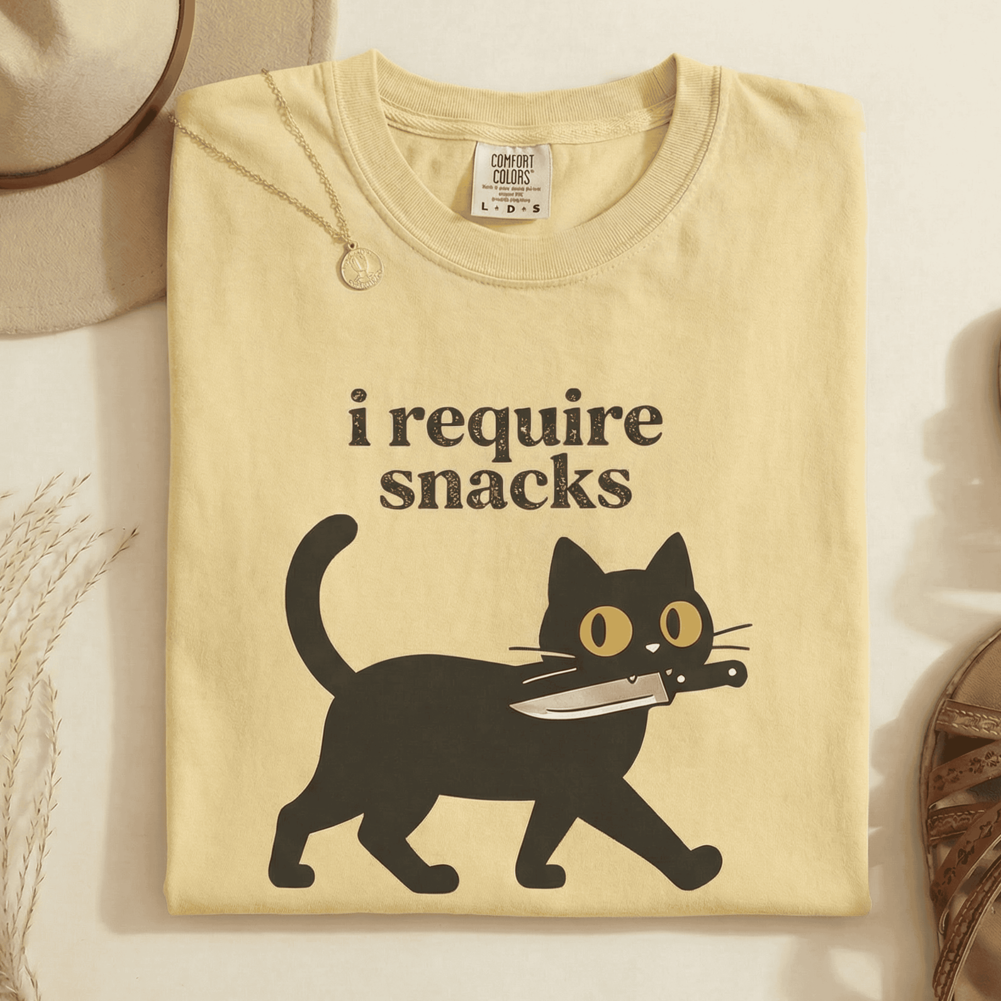 Comfort Colors Funny Black Cat T-Shirt - I Require Snacks Graphic Tee