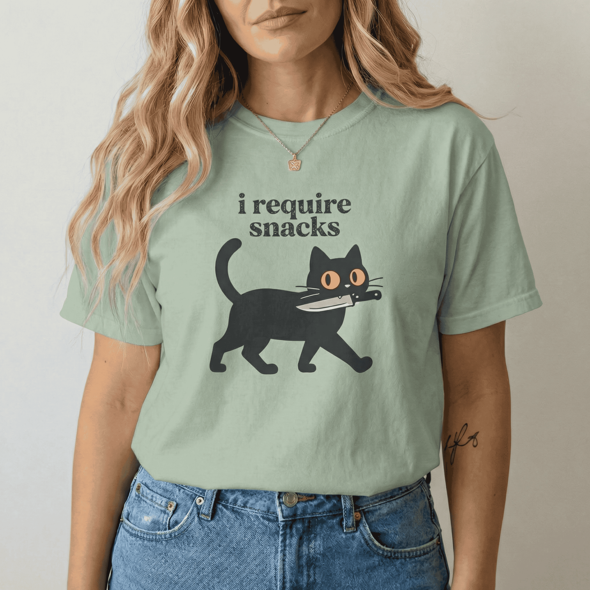 Comfort Colors Funny Black Cat T-Shirt - I Require Snacks Graphic Tee