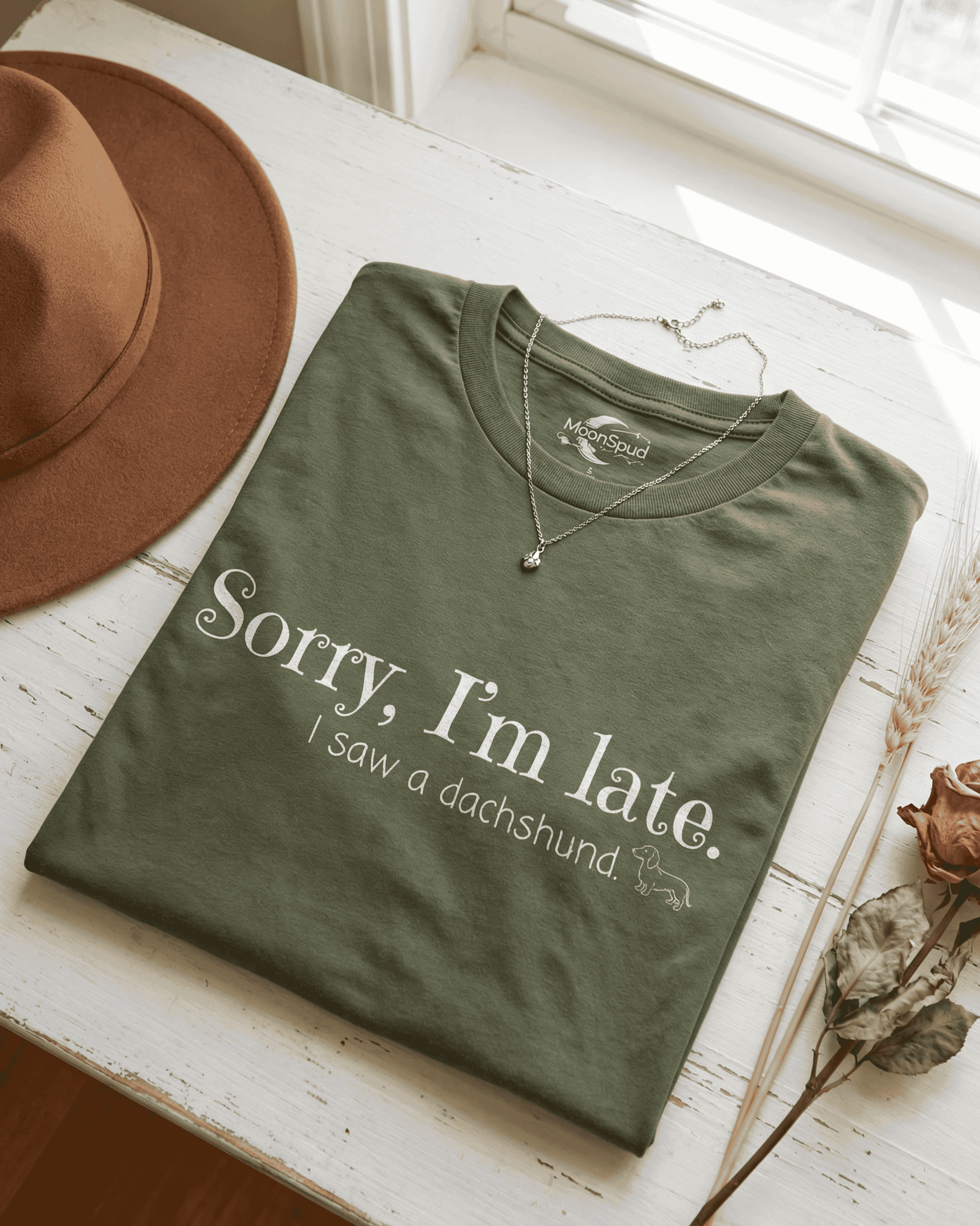 Funny Dachshund T-Shirt - Cute Weiner Dog  Sorry I'm Late Graphic Tee