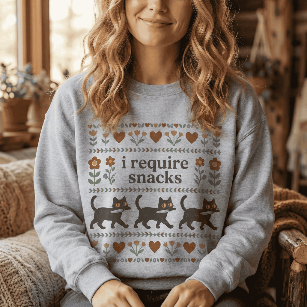 Funny Black Cat Sweatshirt - I Require Snacks Folk Art Crewneck Pullover