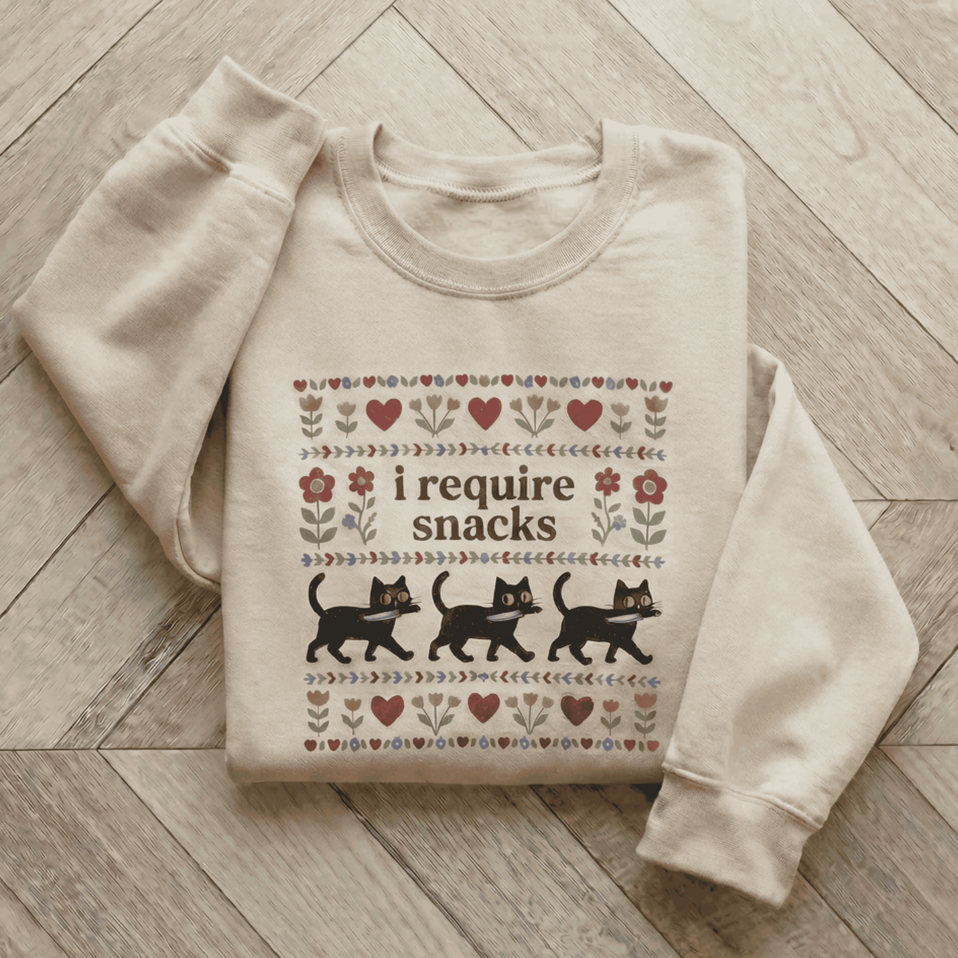 Funny Black Cat Sweatshirt - I Require Snacks Folk Art Crewneck Pullover