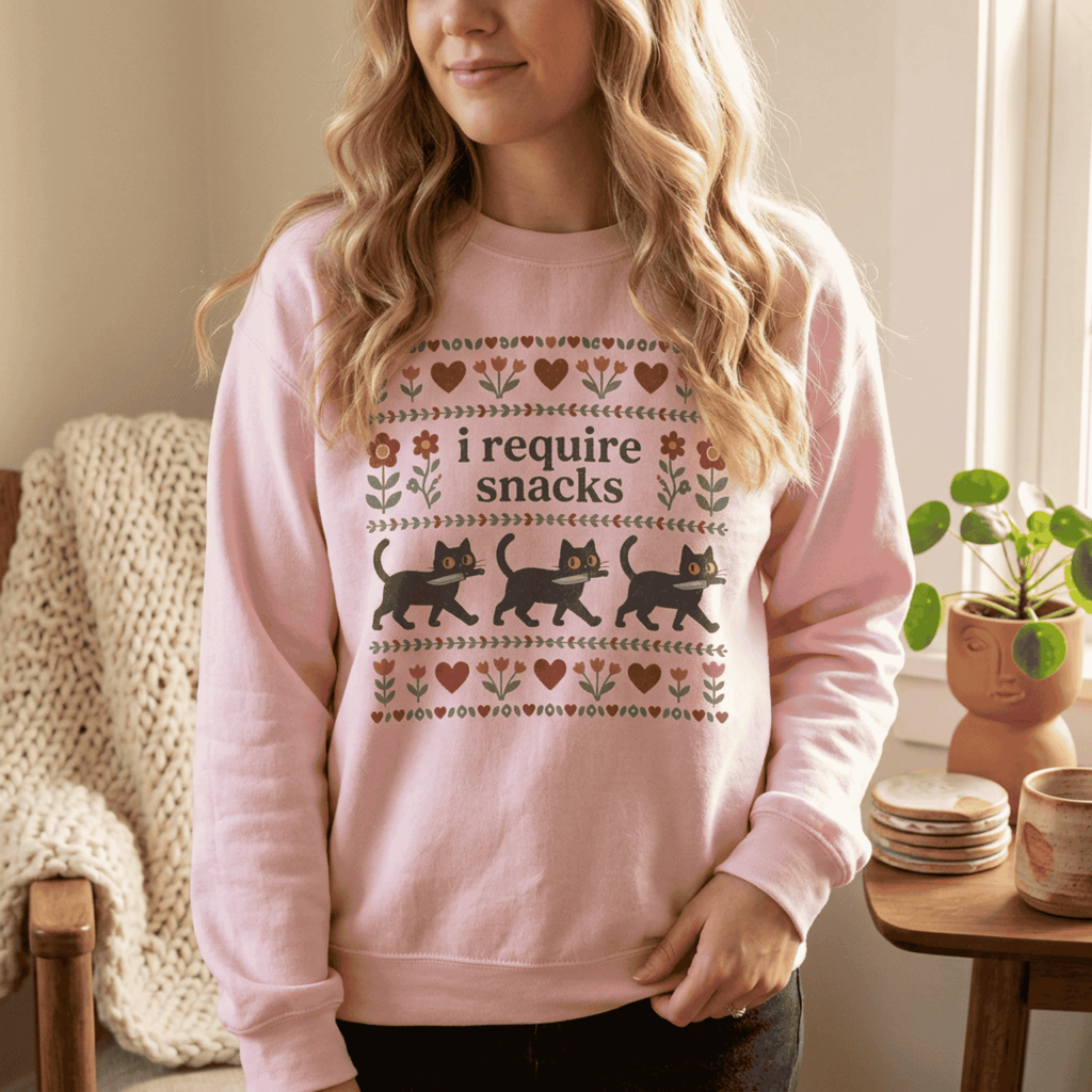 Funny Black Cat Sweatshirt - I Require Snacks Folk Art Crewneck Pullover