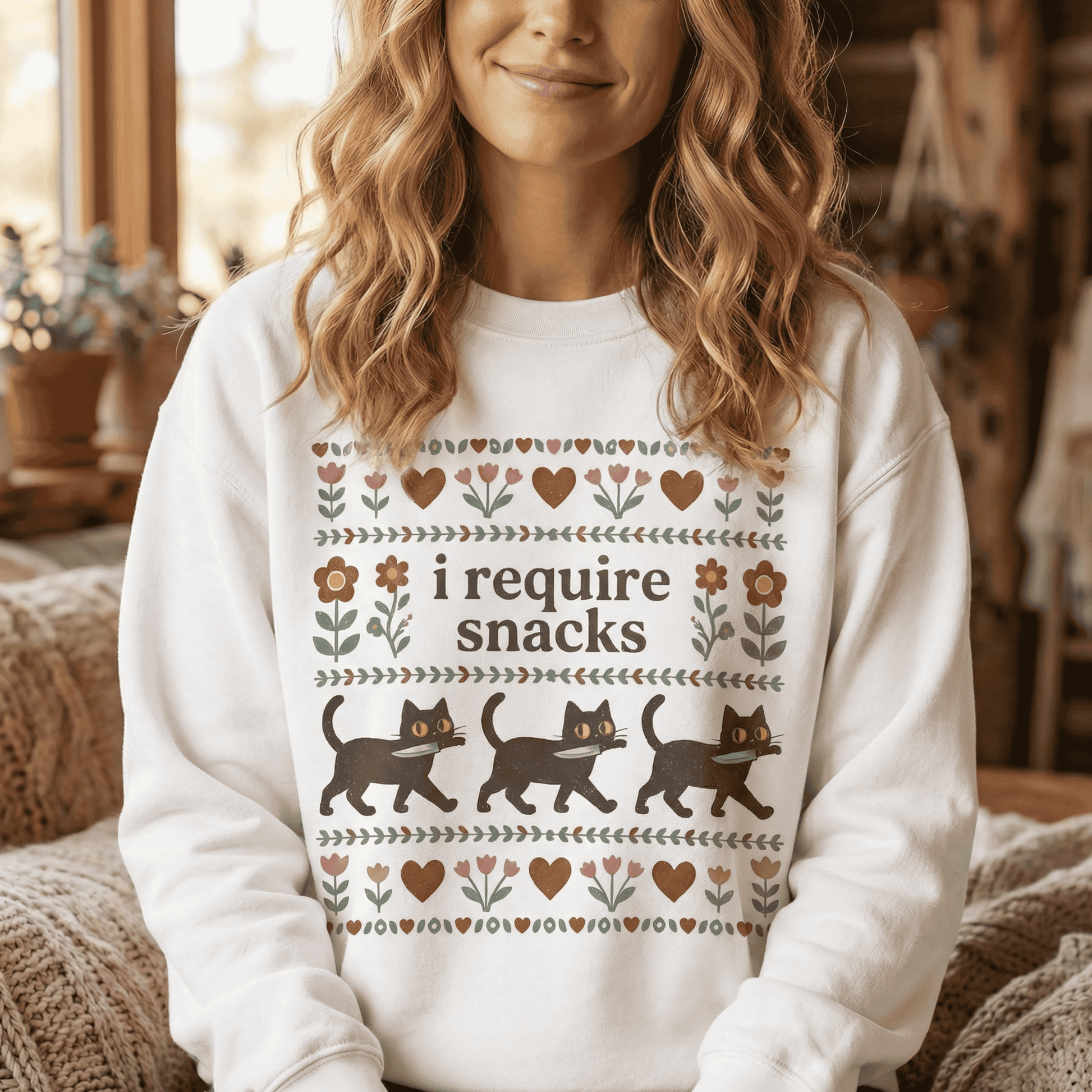 Funny Black Cat Sweatshirt - I Require Snacks Folk Art Crewneck Pullover