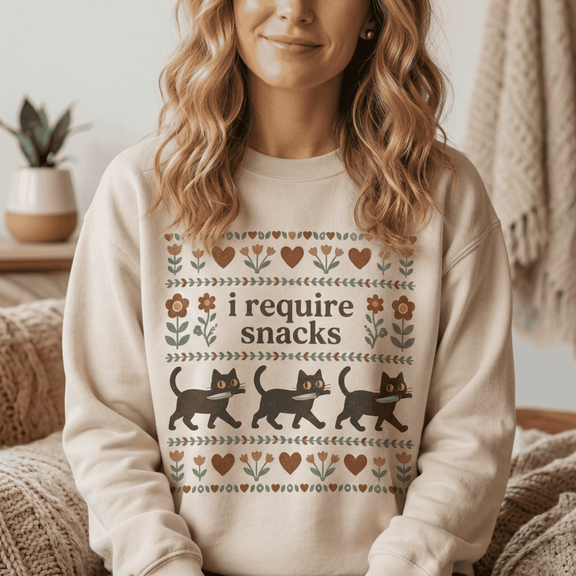 Funny Black Cat Sweatshirt - I Require Snacks Folk Art Crewneck Pullover