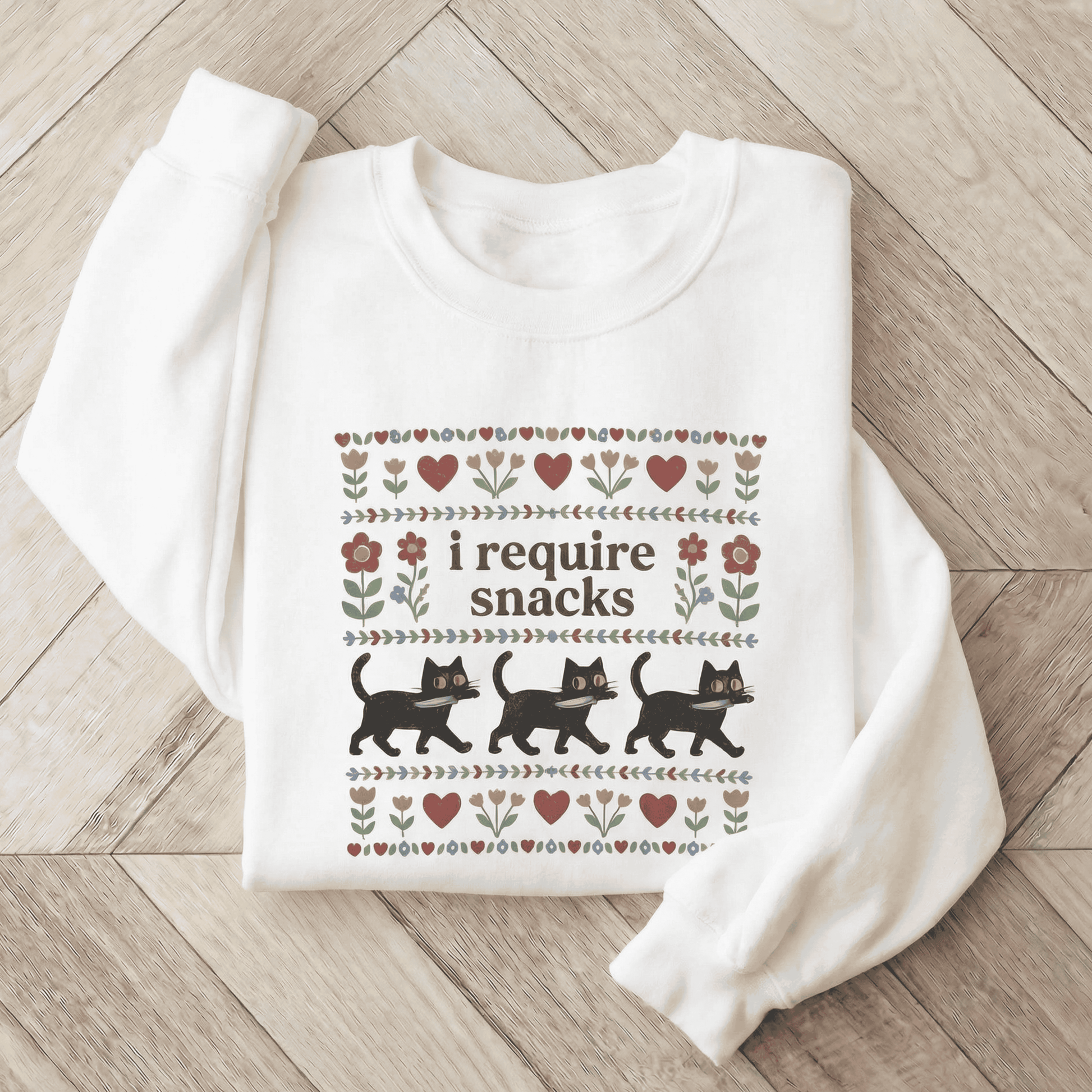 Funny Black Cat Sweatshirt - I Require Snacks Folk Art Crewneck Pullover