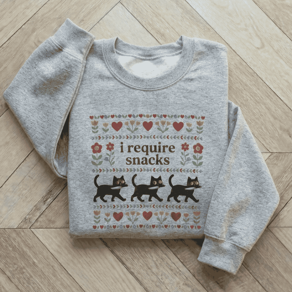 Funny Black Cat Sweatshirt - I Require Snacks Folk Art Crewneck Pullover