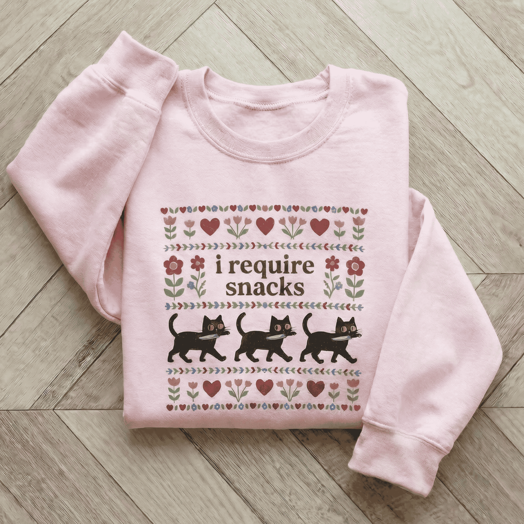 Funny Black Cat Sweatshirt - I Require Snacks Folk Art Crewneck Pullover