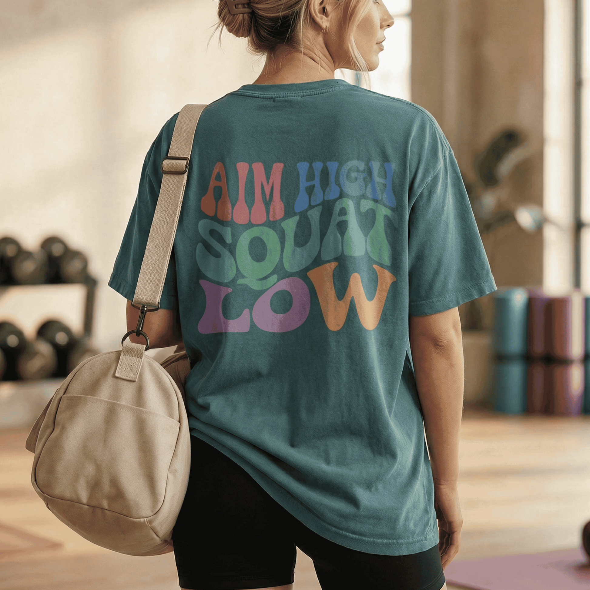Aim High Squat Low Retro Gym T-Shirt - Funny Squat Day Graphic Tee for Women