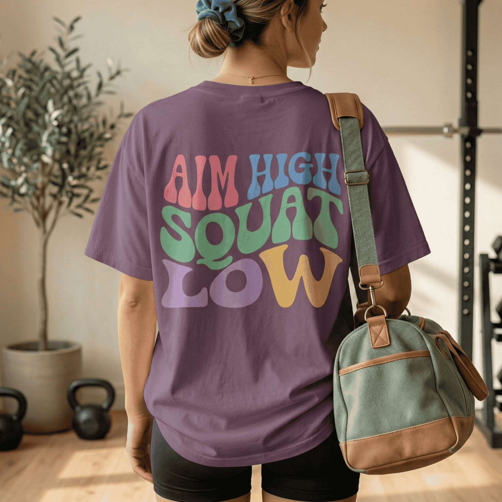 Aim High Squat Low Retro Gym T-Shirt - Funny Squat Day Graphic Tee for Women