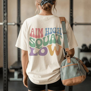 Aim High Squat Low Retro Gym T-Shirt - Funny Squat Day Graphic Tee for Women