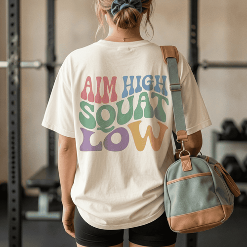 Aim High Squat Low Retro Gym T-Shirt - Funny Squat Day Graphic Tee for Women