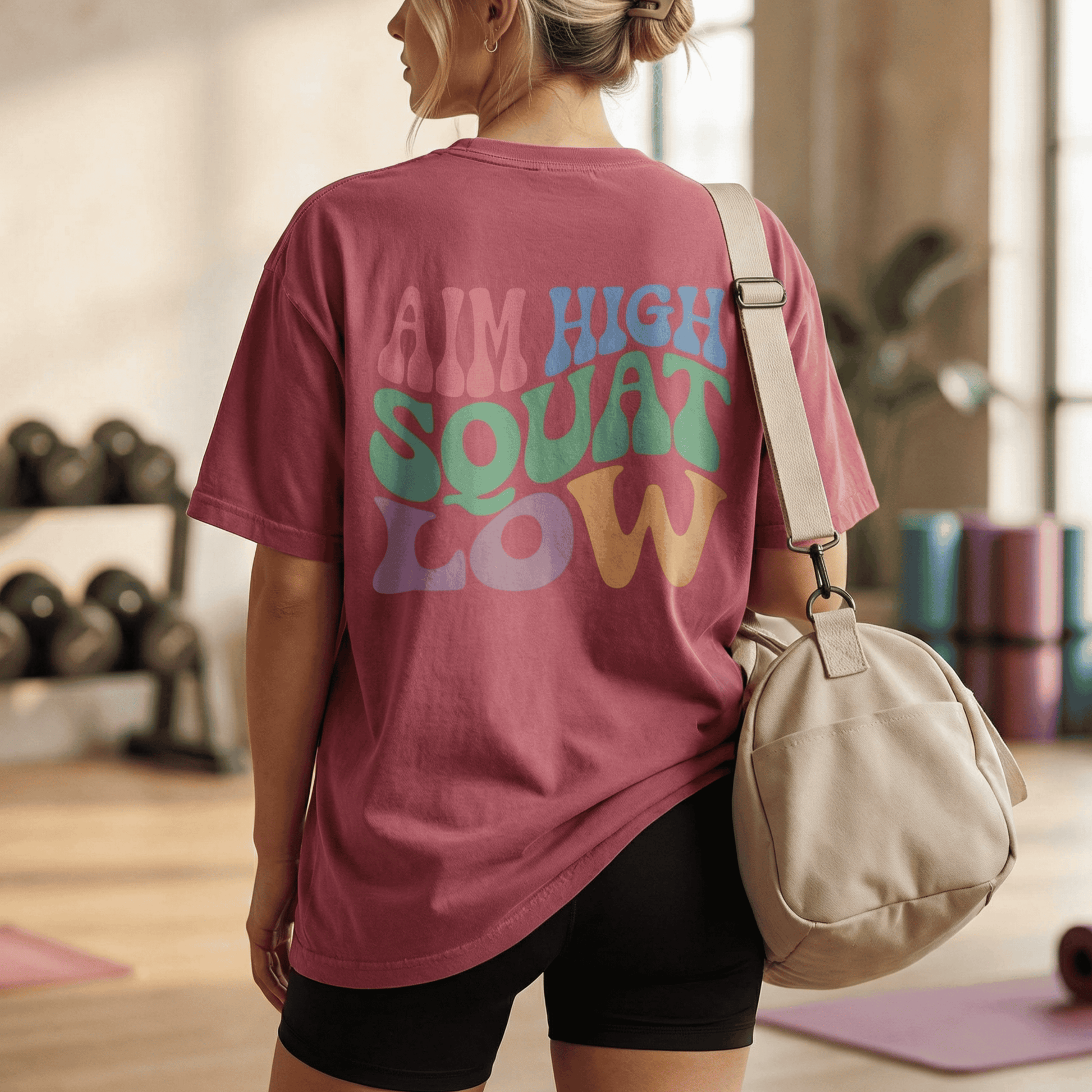 Aim High Squat Low Retro Gym T-Shirt - Funny Squat Day Graphic Tee for Women
