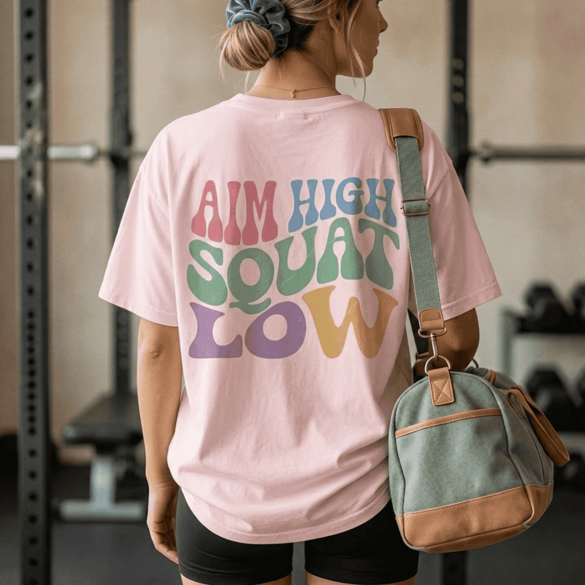 Aim High Squat Low Retro Gym T-Shirt - Funny Squat Day Graphic Tee for Women