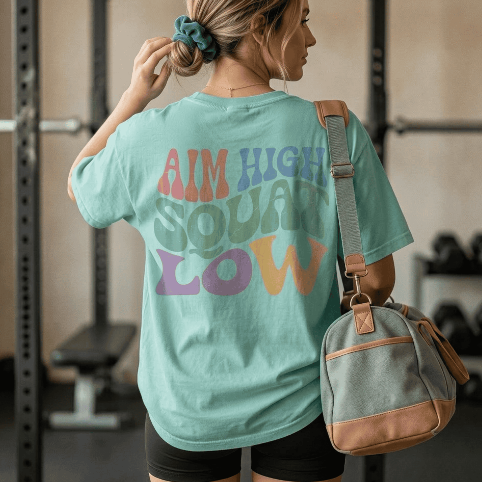 Aim High Squat Low Retro Gym T-Shirt - Funny Squat Day Graphic Tee for Women