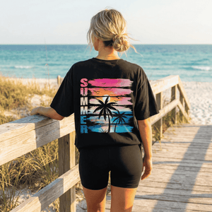 Retro Summer Sunset Beach T-Shirt - Comfort Colors Distressed Palm Tree Graphic Tee