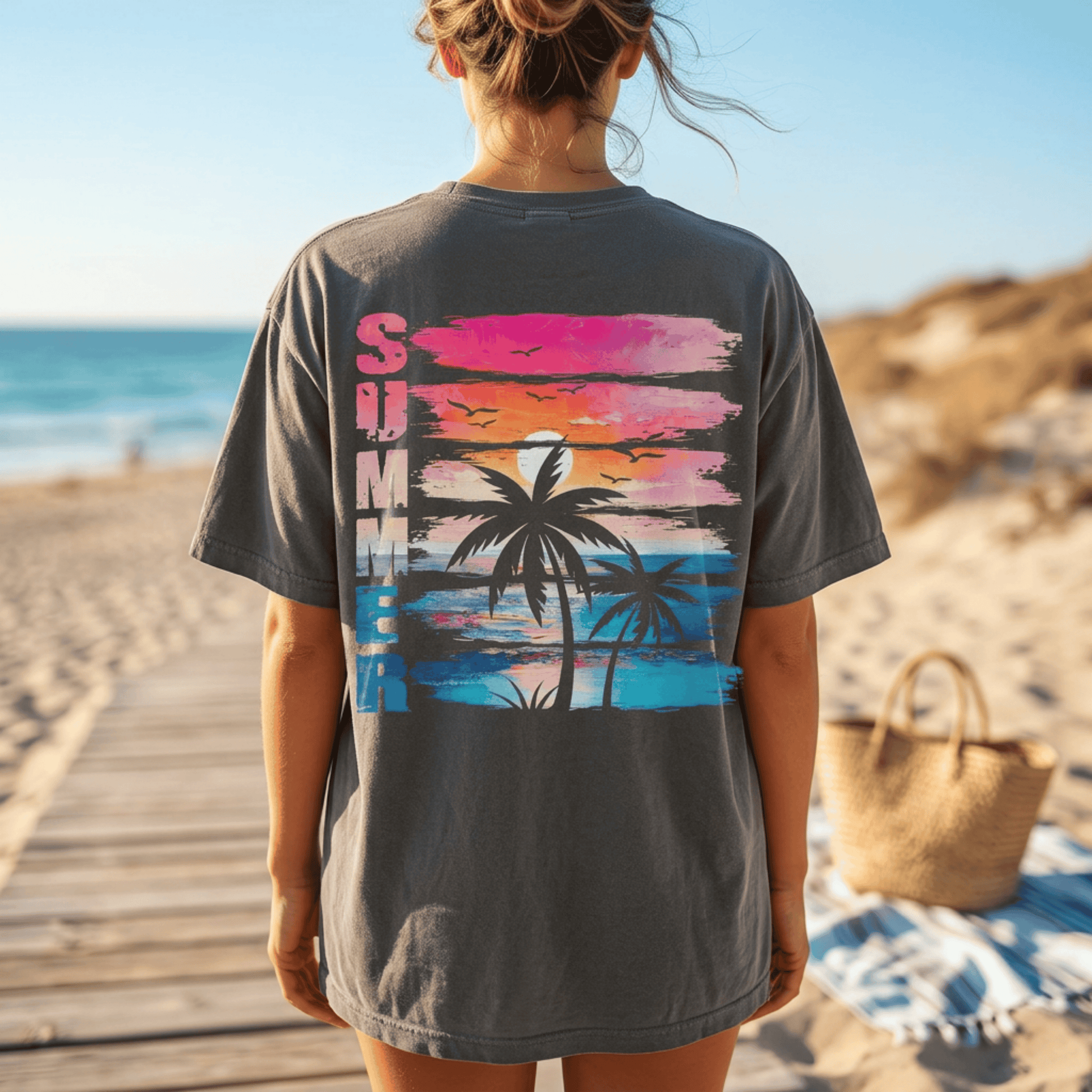 Retro Summer Sunset Beach T-Shirt - Comfort Colors Distressed Palm Tree Graphic Tee