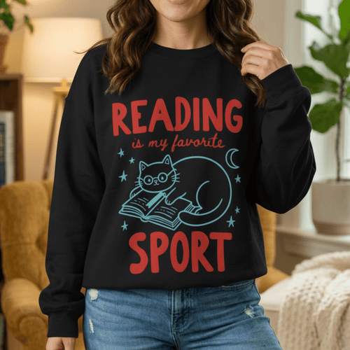 Book Lover Cat Sweatshirt - Bookworm Reading Is My Favorite Sport Pullover Crewneck