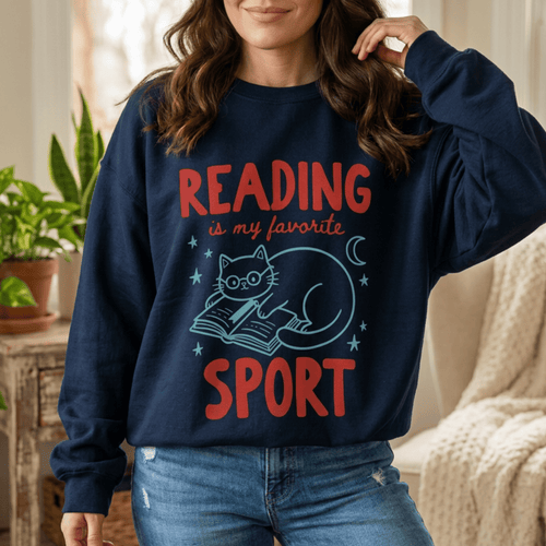 Book Lover Cat Sweatshirt - Bookworm Reading Is My Favorite Sport Pullover Crewneck