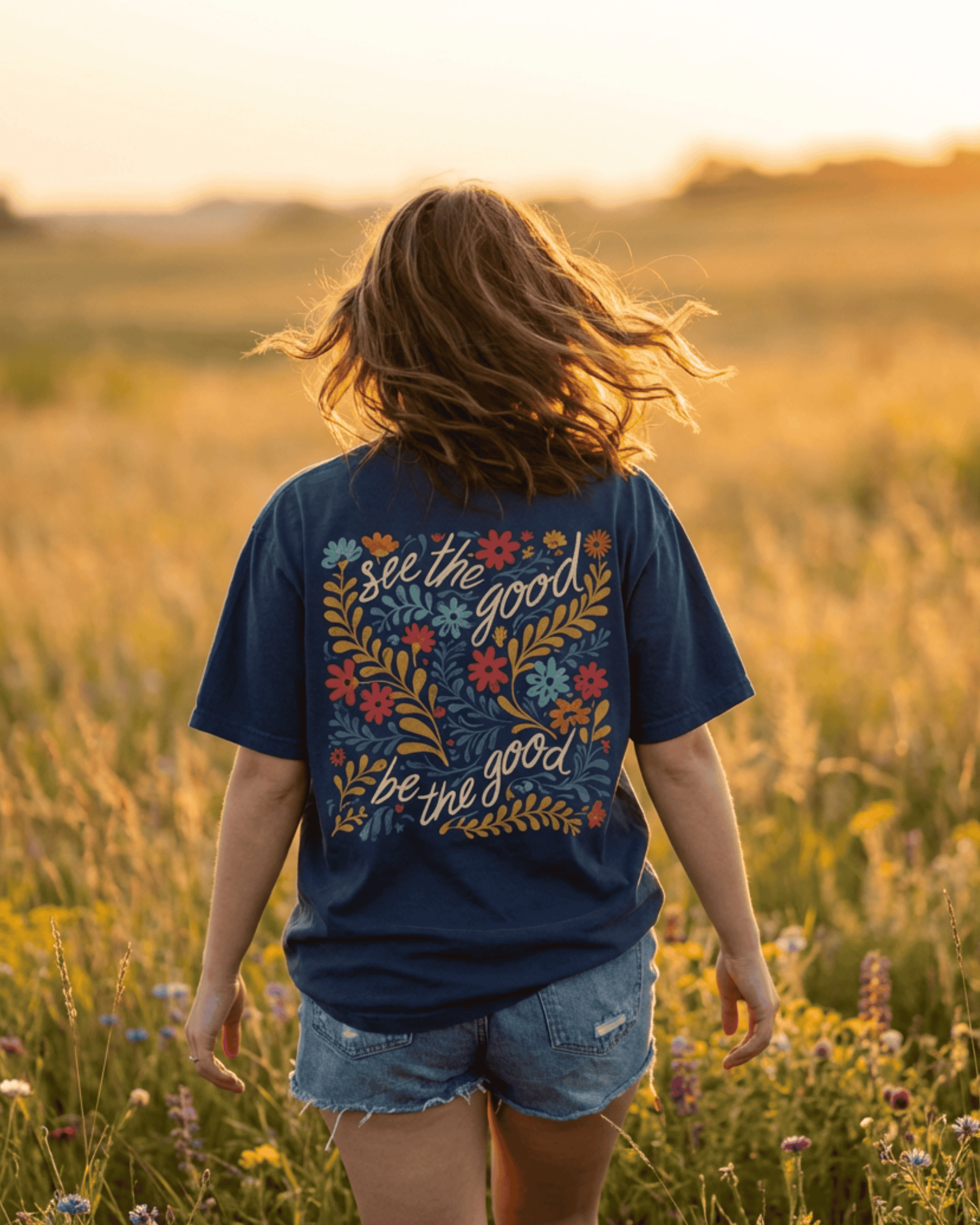 Comfort Colors Retro Floral T-Shirt - See The Good Be The Good Positivety Graphic Tee