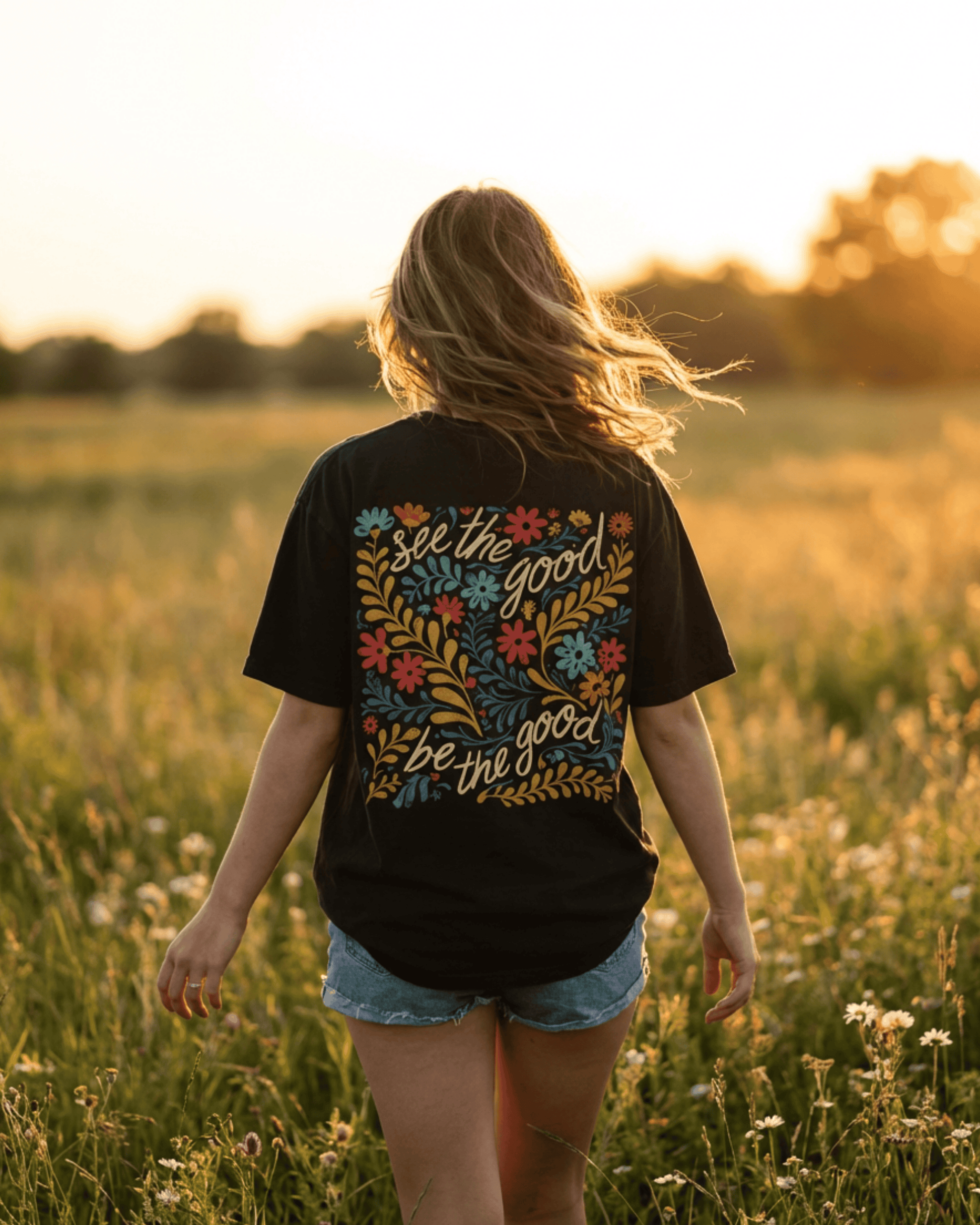 Comfort Colors Retro Floral T-Shirt - See The Good Be The Good Positivety Graphic Tee
