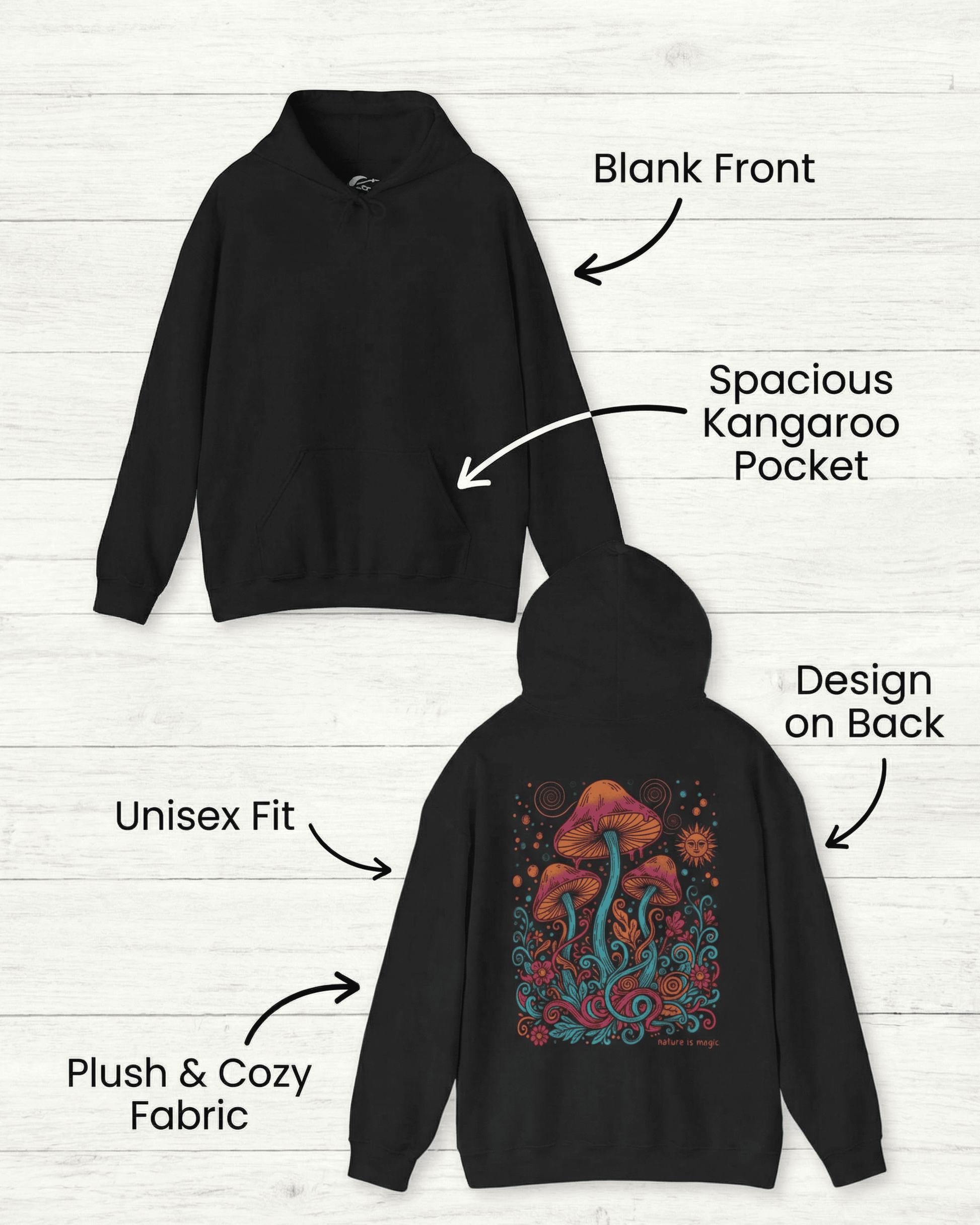 Trippy Psychedelic Mushroom Hoodie -  Back Printed Mystical Forest Hooded Sweatshirt