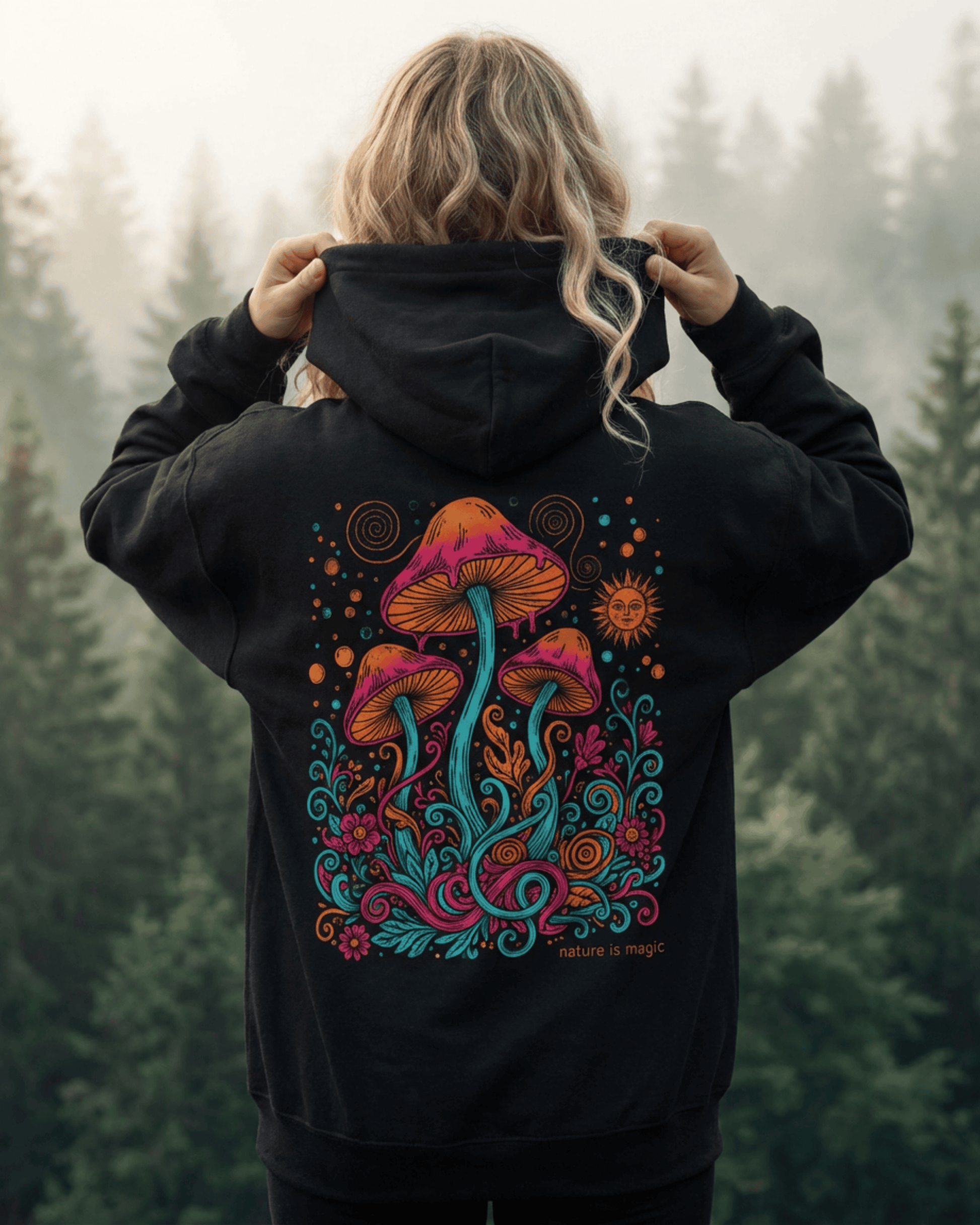 Trippy Psychedelic Mushroom Hoodie -  Back Printed Mystical Forest Hooded Sweatshirt