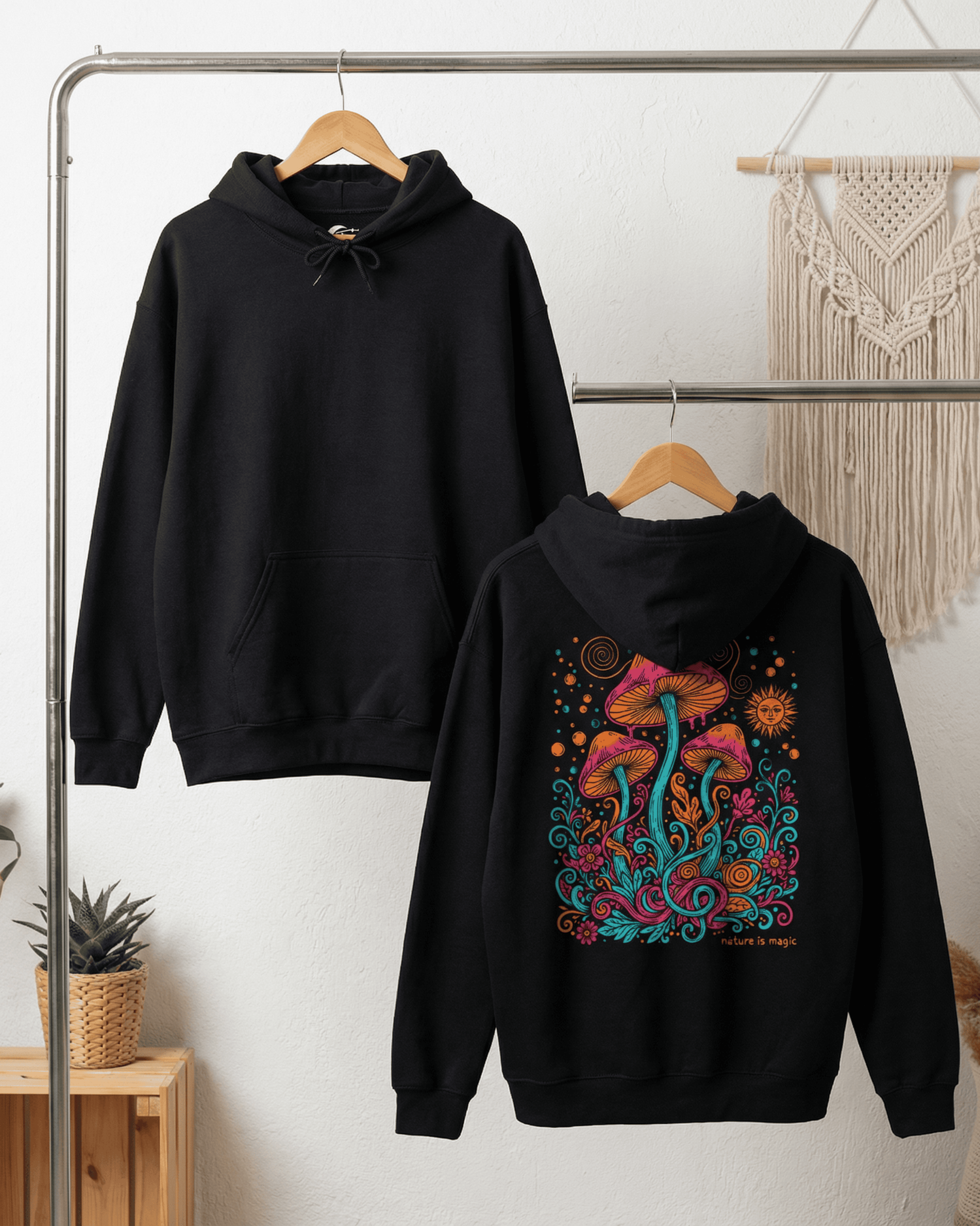 Trippy Psychedelic Mushroom Hoodie -  Back Printed Mystical Forest Hooded Sweatshirt
