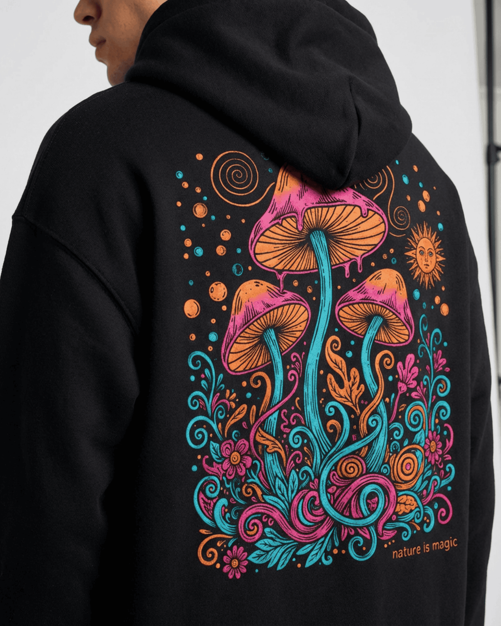 Trippy Psychedelic Mushroom Hoodie -  Back Printed Mystical Forest Hooded Sweatshirt
