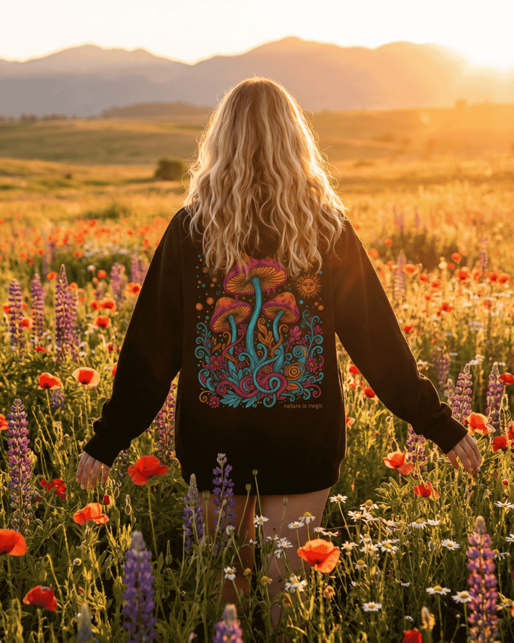 Trippy Psychedelic Mushroom Hoodie -  Back Printed Mystical Forest Hooded Sweatshirt