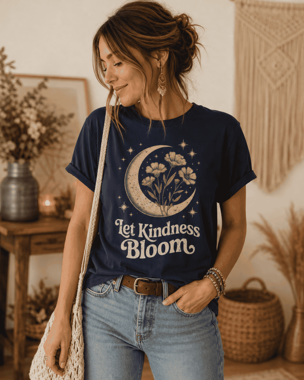 Let Kindness Bloom T-Shirt - Boho Celestial Moon Graphic Tee for Women