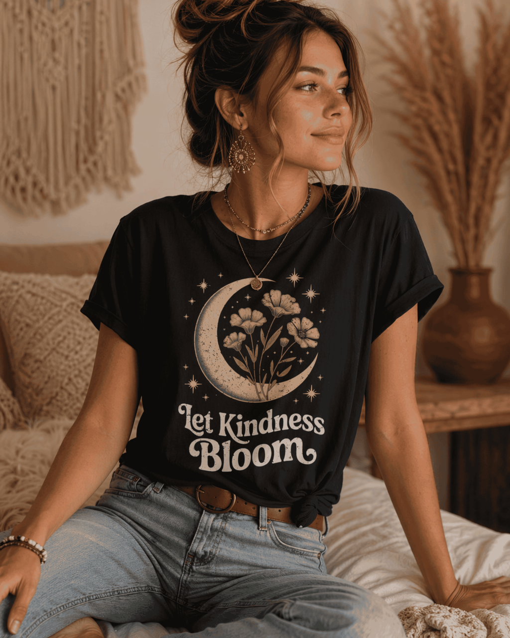 Let Kindness Bloom T-Shirt - Boho Celestial Moon Graphic Tee for Women