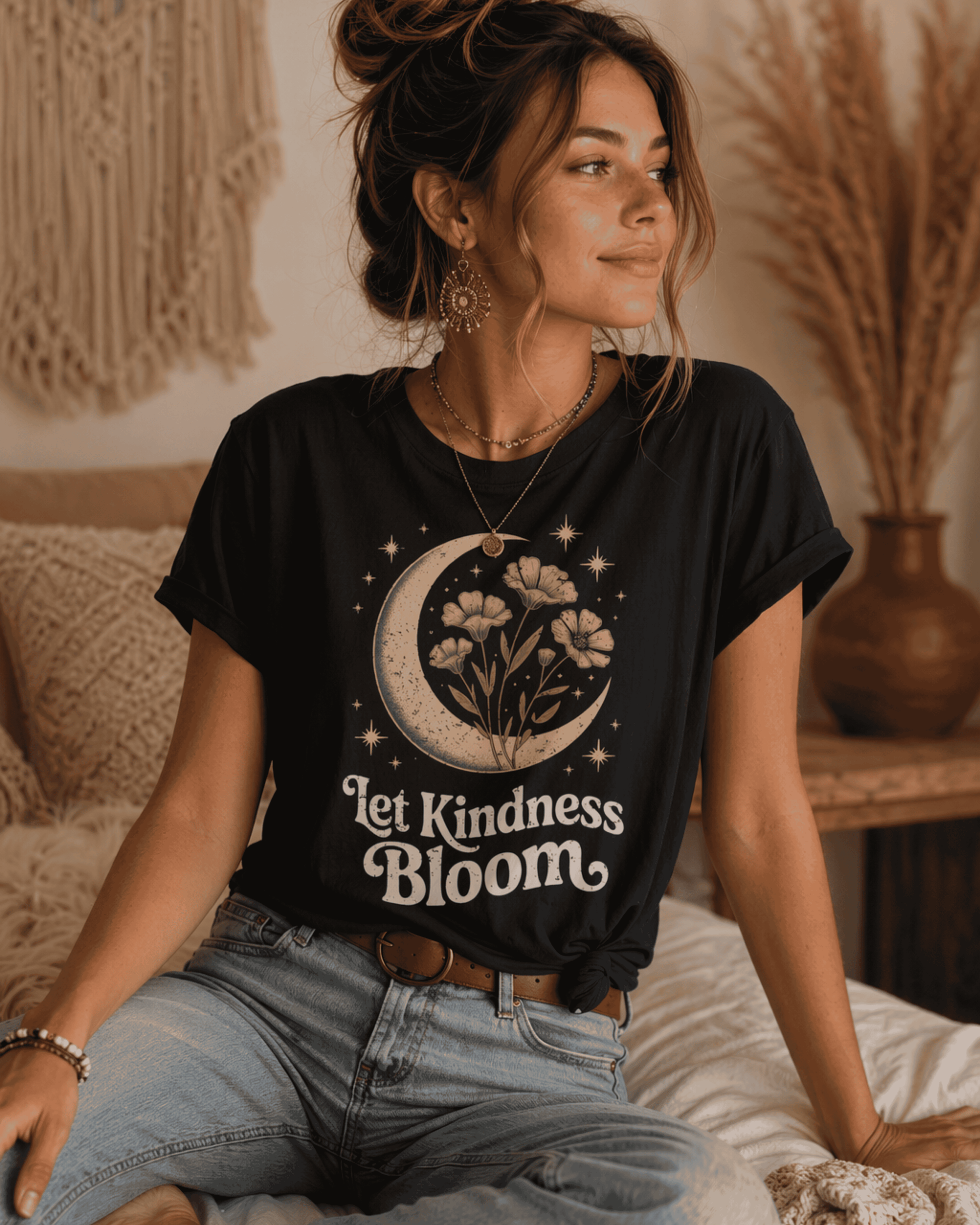 Let Kindness Bloom T-Shirt - Boho Celestial Moon Graphic Tee for Women