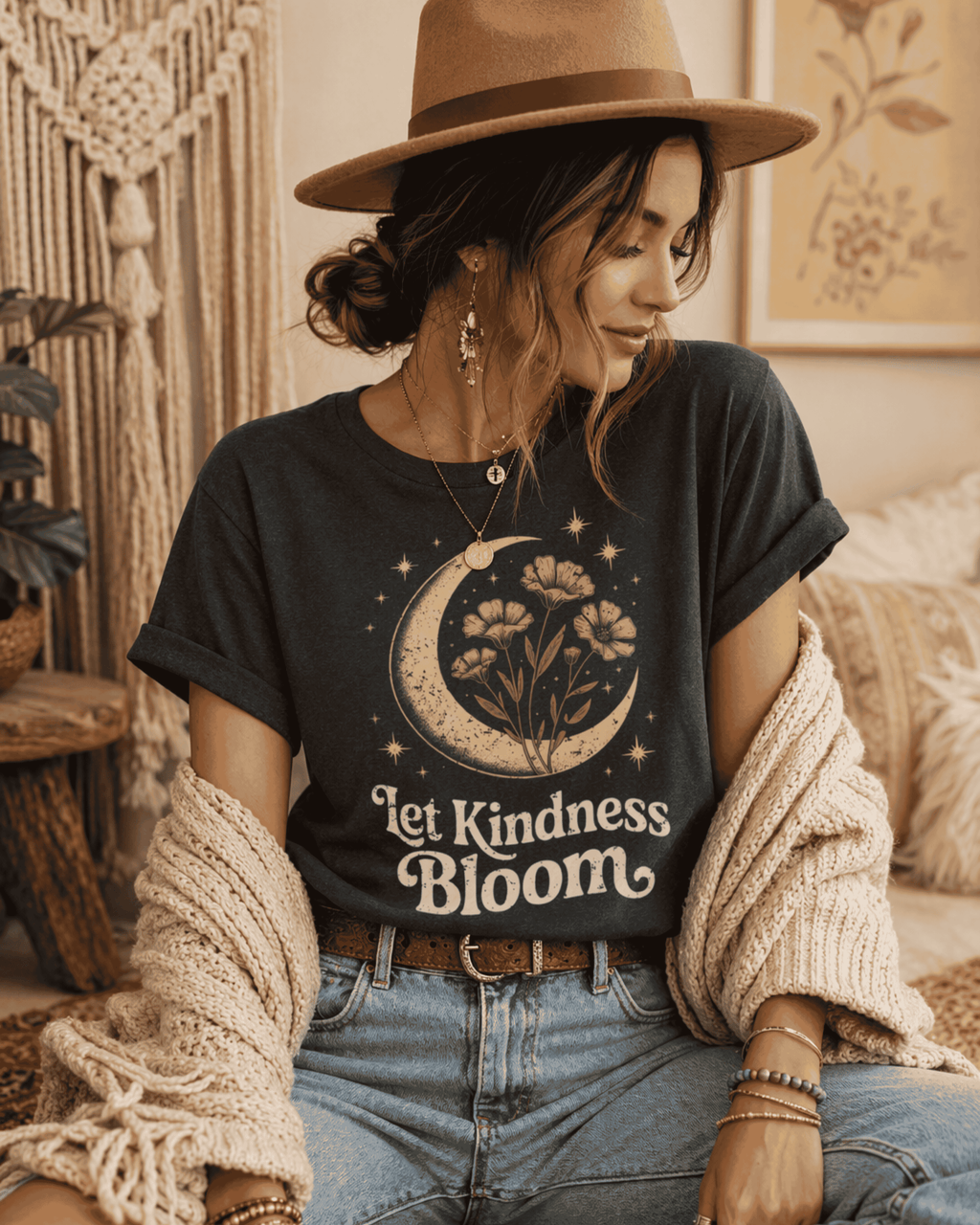 Let Kindness Bloom T-Shirt - Boho Celestial Moon Graphic Tee for Women