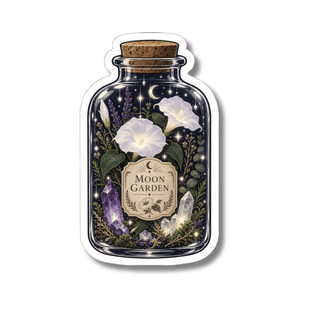 Celestial Moon Garden Sticker - Witchy Botanical Potion Bottle Vinyl Decal 3" 4" 6" Inch