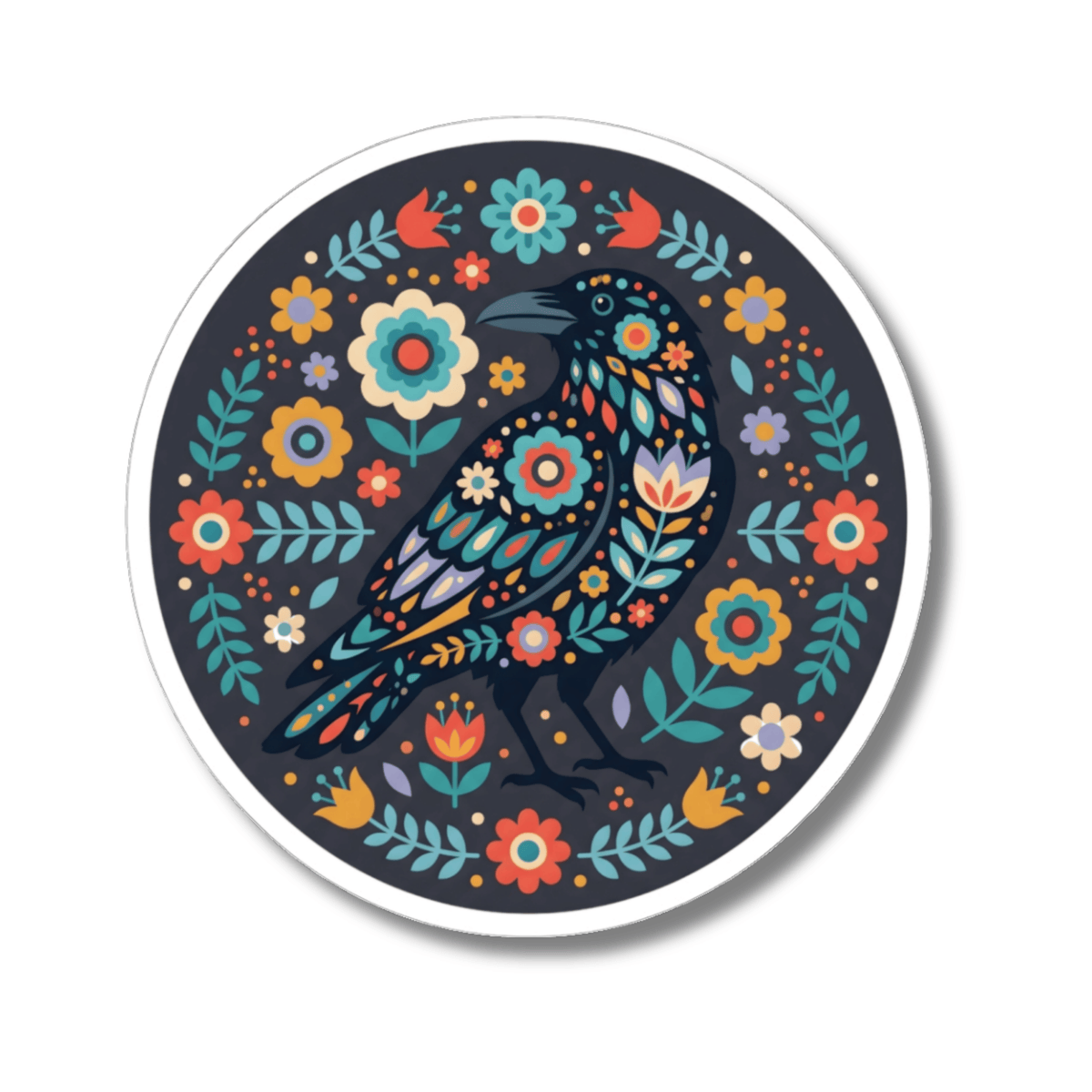 Dark Floral Folk Art Raven Sticker - Round Boho Botanical Crow Flower Aesthetic Vinyl Decal 3" 4" 6" Inch