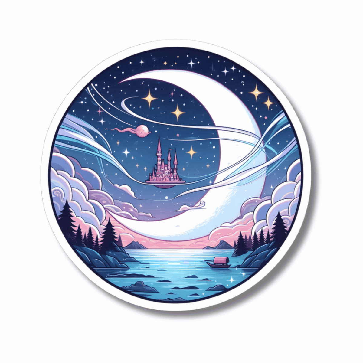 Dreamy Castle Crescent Moon Sticker - Whimsical Celestial Night Sky Round Vinyl Decal 3" 4" 6" Inch