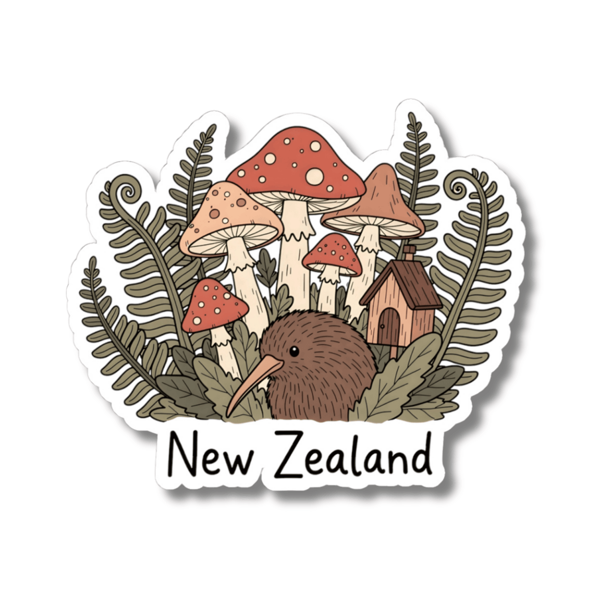 New Zealand Kiwi Bird Sticker - Cute NZ Nature Mushroom Fern Forest Vinyl Decal 3" 4" 6" Inch